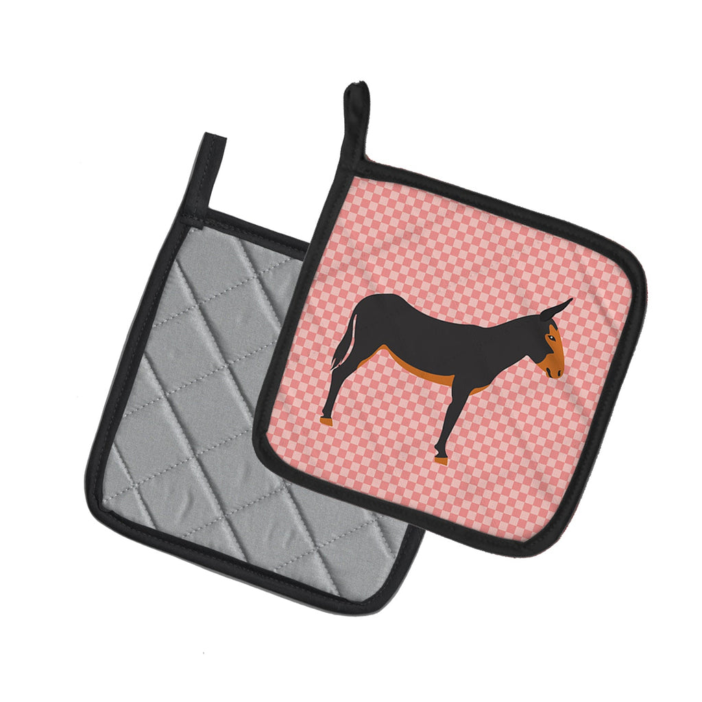 Catalan Donkey Pink Check Pot Holder Set of 2 Heat Resistant Quilted Hot Pads 7.5 x 7.5 Inch, Insulated Kitchen Trivets for Cooking & Baking