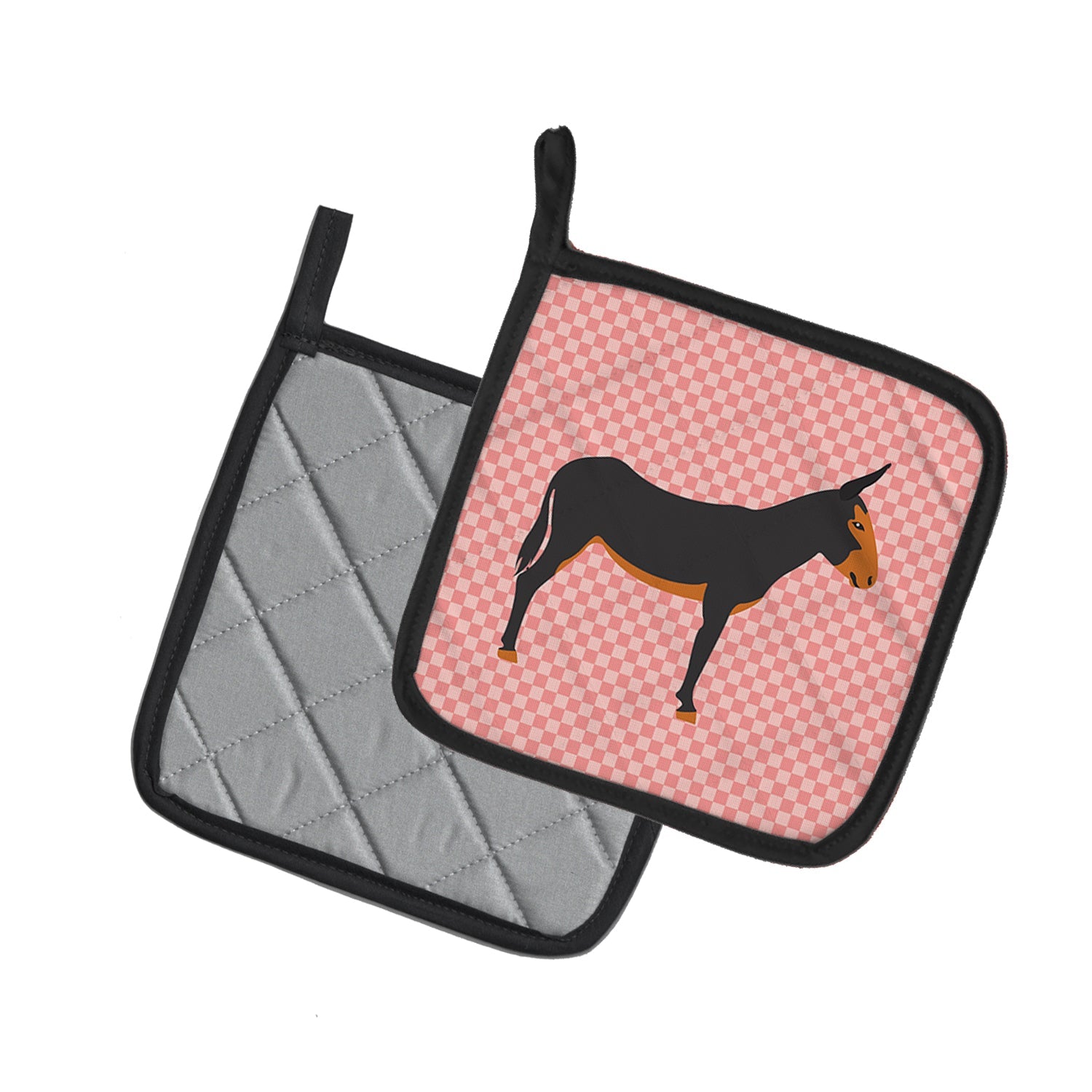 Catalan Donkey Pink Check Pot Holder Set of 2 Heat Resistant Quilted Hot Pads 7.5 x 7.5 Inch, Insulated Kitchen Trivets for Cooking & Baking