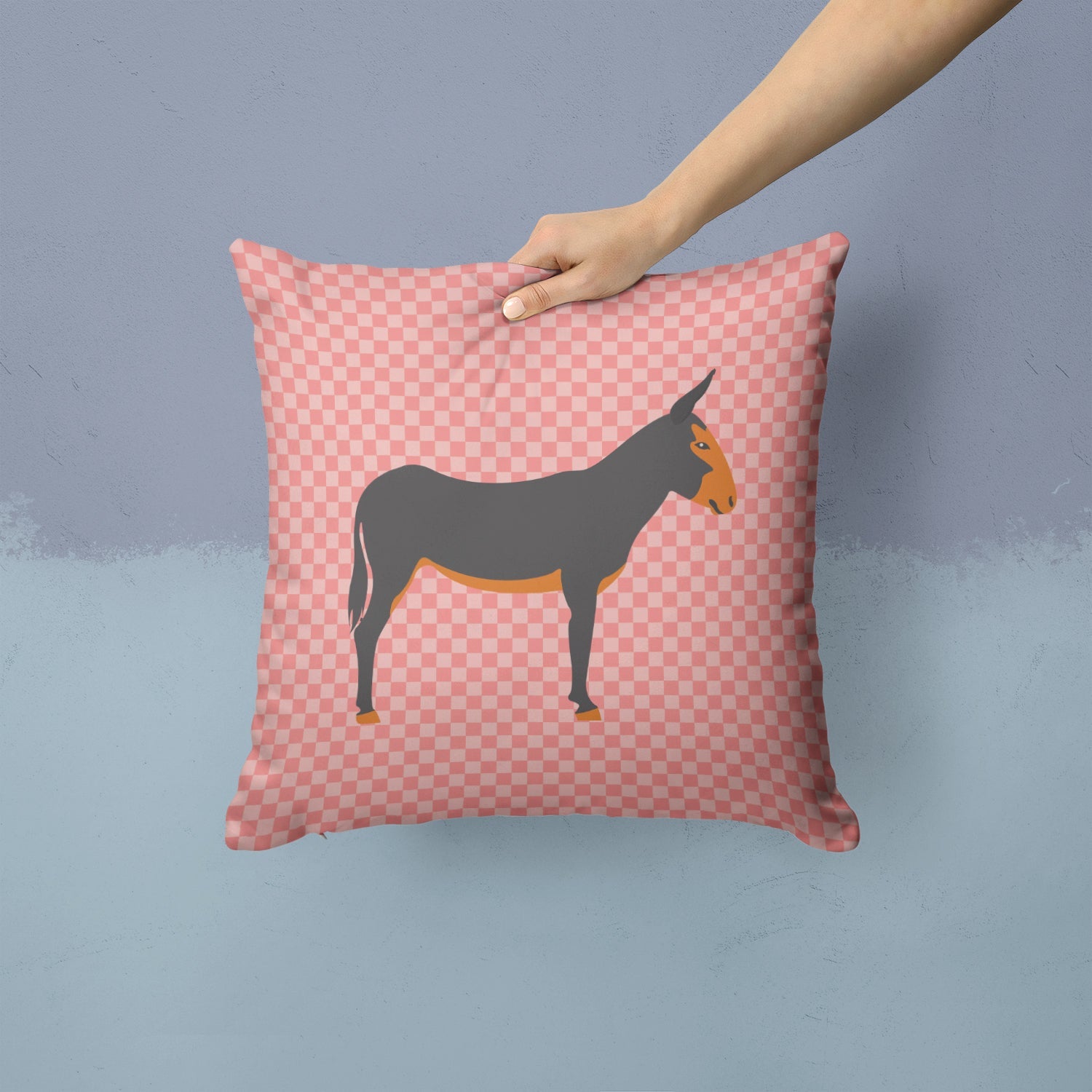Catalan Donkey Pink Check Decorative Throw Pillow 14x14 Indoor Outdoor Accent Cushion, Fabric Cover with Insert for Sofa, Bed, Porch & Living Room