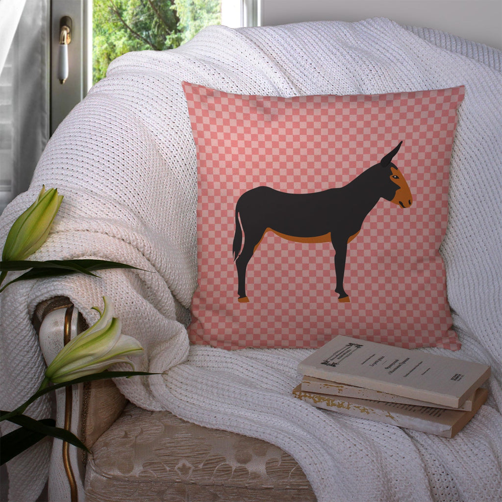 Catalan Donkey Pink Check Decorative Throw Pillow 14x14 Indoor Outdoor Accent Cushion, Fabric Cover with Insert for Sofa, Bed, Porch & Living Room