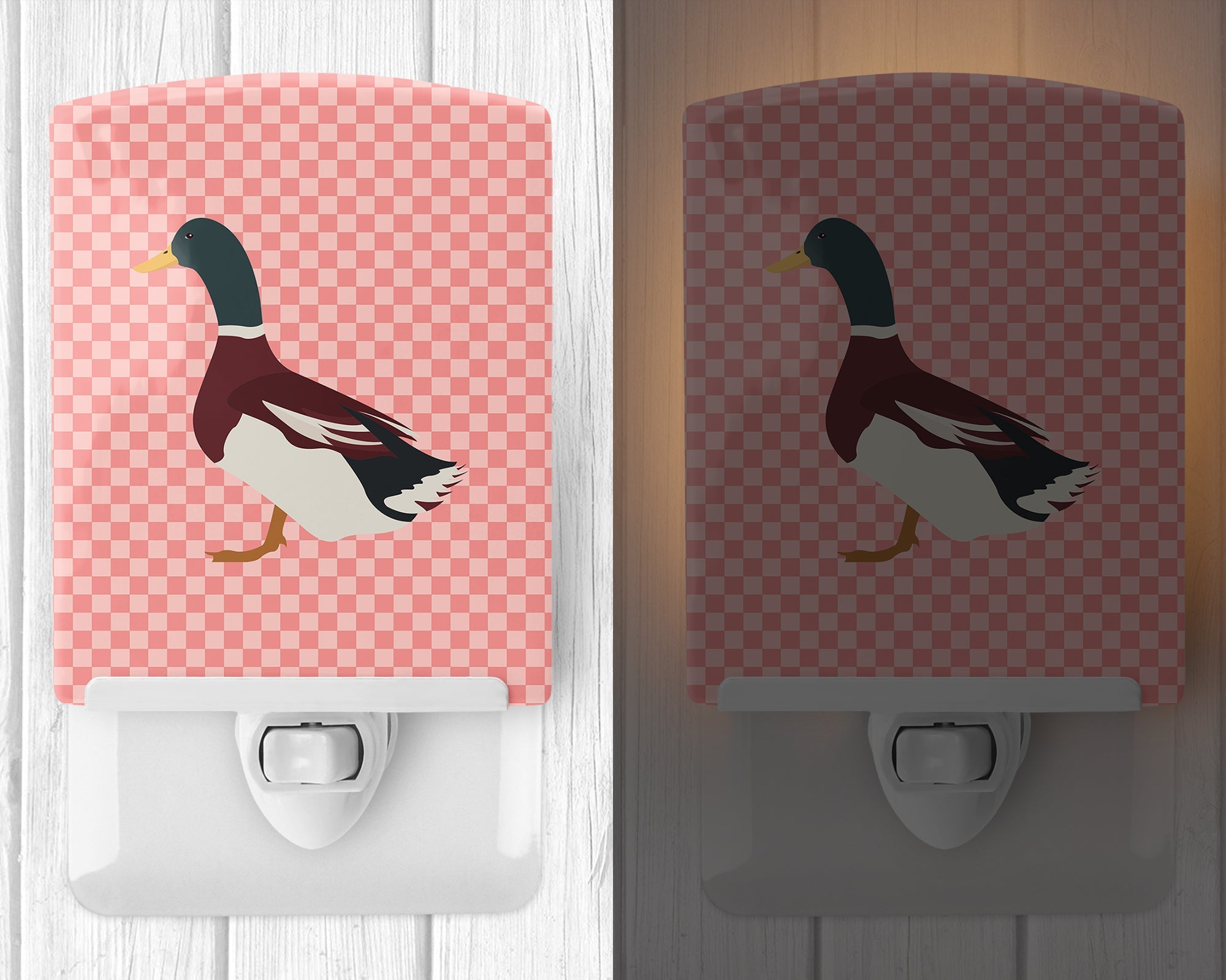 Rouen Duck Pink Check Ceramic Night Light Compact, UL-Certified, Ideal for Bedroom, Bathroom, Nursery, Hallway, Kitchen, 6x4x3, Multicolor