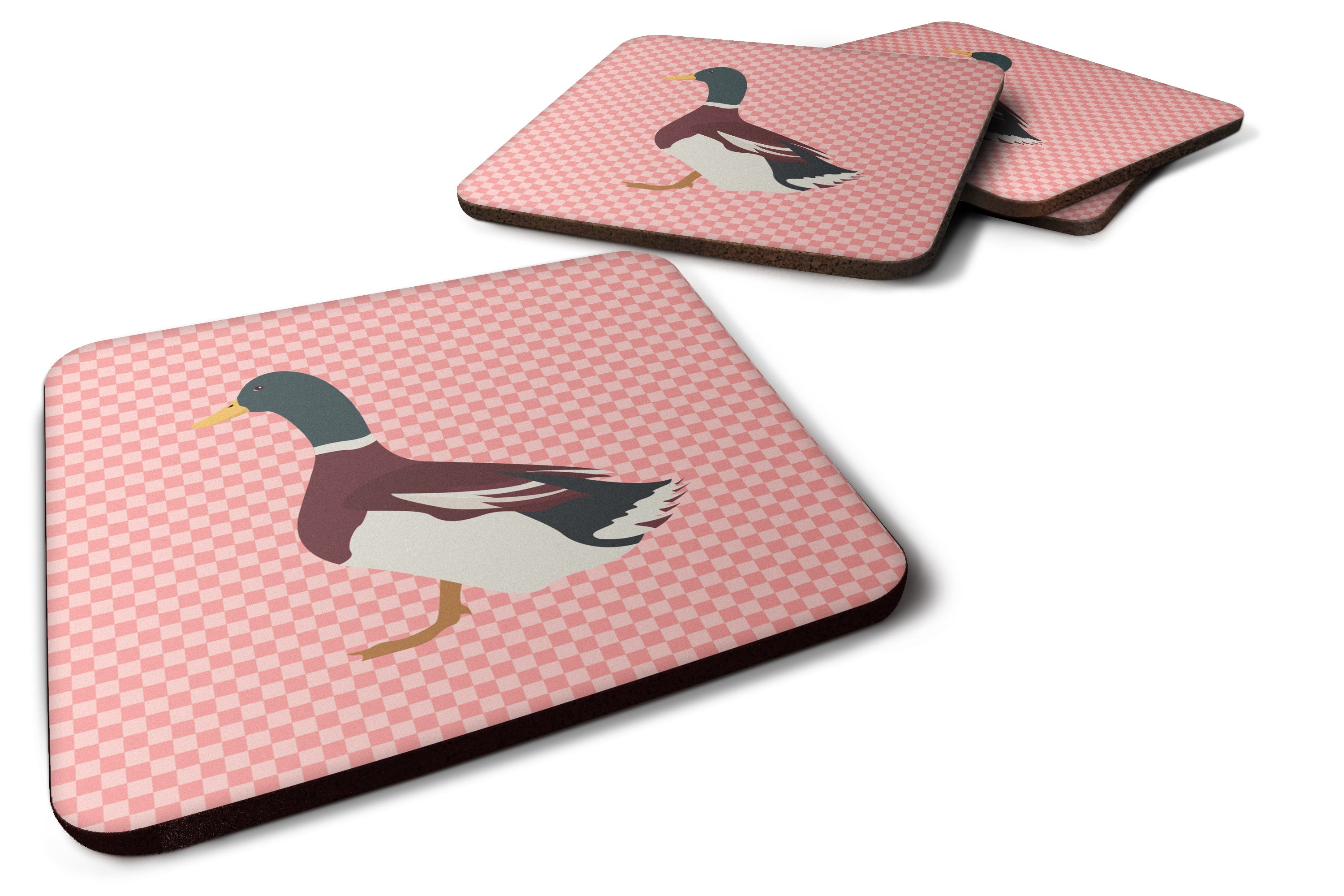 Rouen Duck Pink Check Foam Coasters Set of 4 Cup Coasters for Indoor Outdoor, Tabletop Protection, Anti Slip, Mouse pad Material