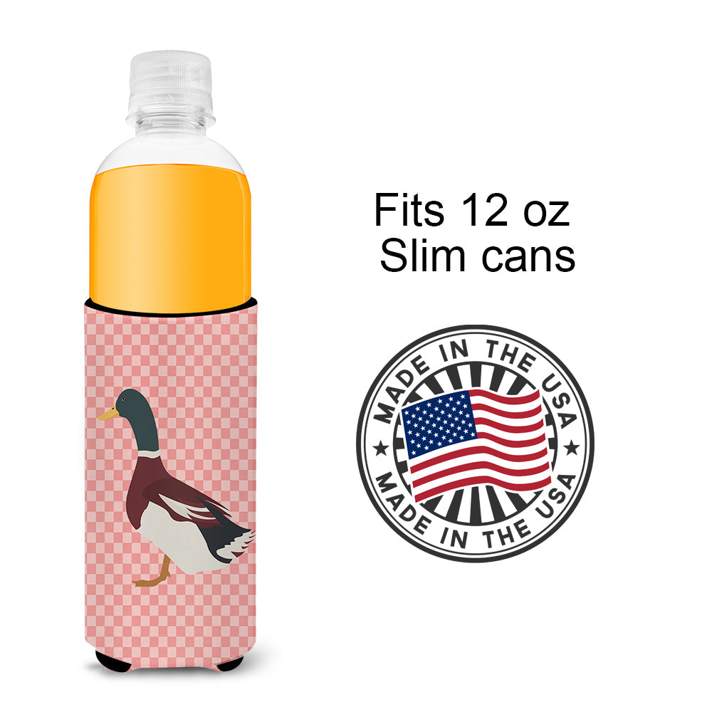 Rouen Duck Pink Check Slim Can Hugger , Insulated Foam Hugger for 12 oz Slim Cans, Beer Bottles & Water Bottles, Printed in USA