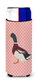 Rouen Duck Pink Check Slim Can Hugger , Insulated Foam Hugger for 12 oz Slim Cans, Beer Bottles & Water Bottles, Printed in USA