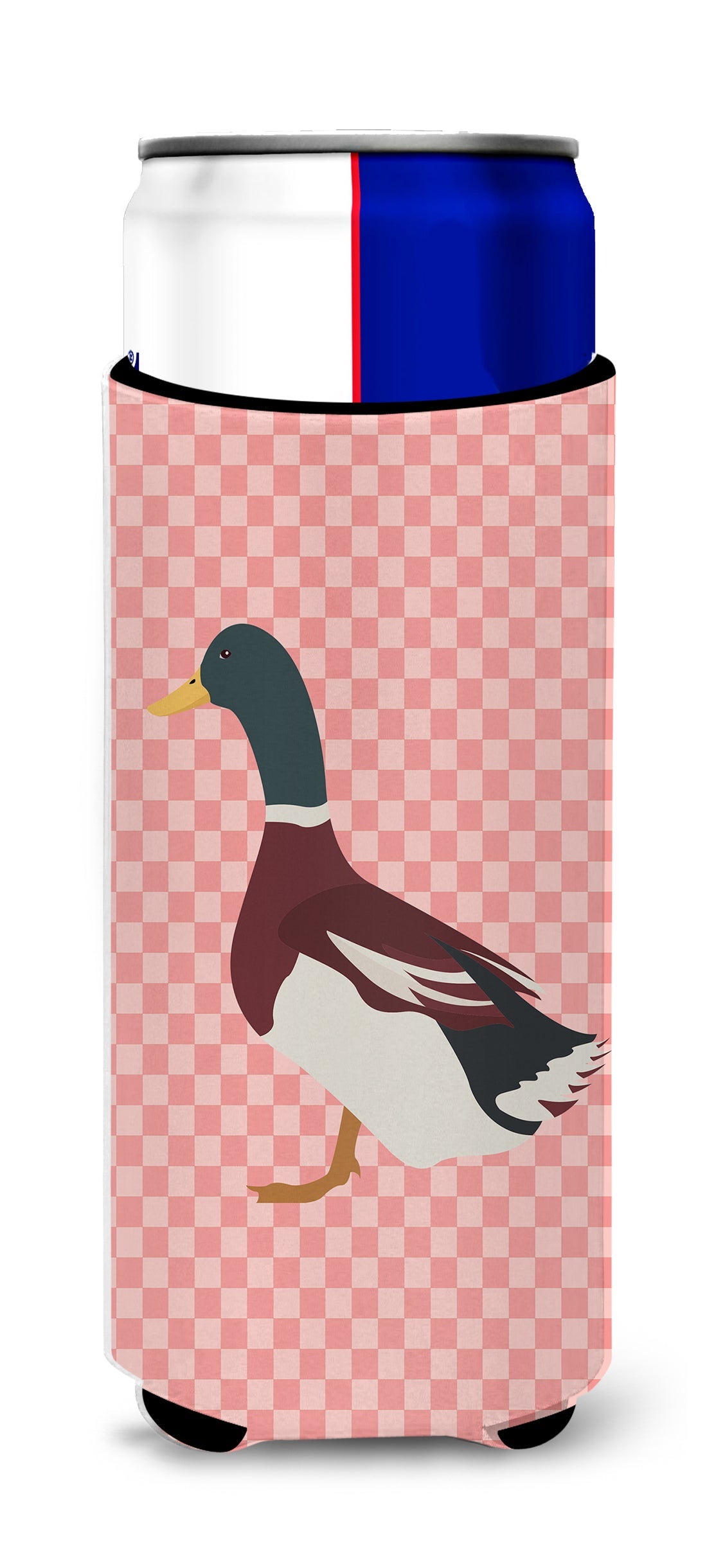 Rouen Duck Pink Check Slim Can Hugger , Insulated Foam Hugger for 12 oz Slim Cans, Beer Bottles & Water Bottles, Printed in USA