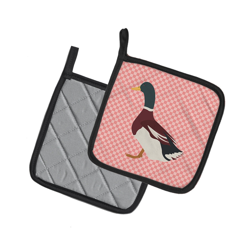 Rouen Duck Pink Check Pot Holder Set of 2 Heat Resistant Quilted Hot Pads 7.5 x 7.5 Inch, Insulated Kitchen Trivets for Cooking & Baking