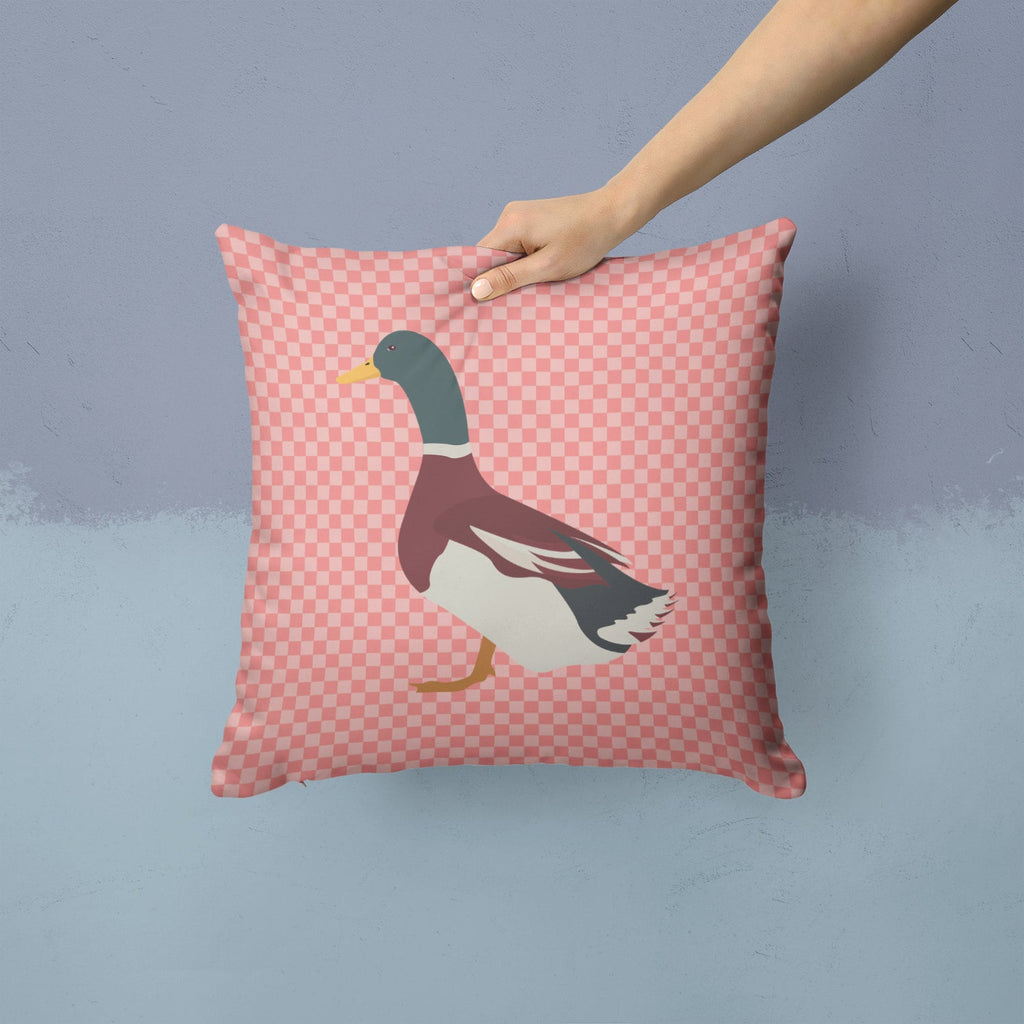 Rouen Duck Pink Check Decorative Throw Pillow 14x14 Indoor Outdoor Accent Cushion, Fabric Cover with Insert for Sofa, Bed, Porch & Living Room