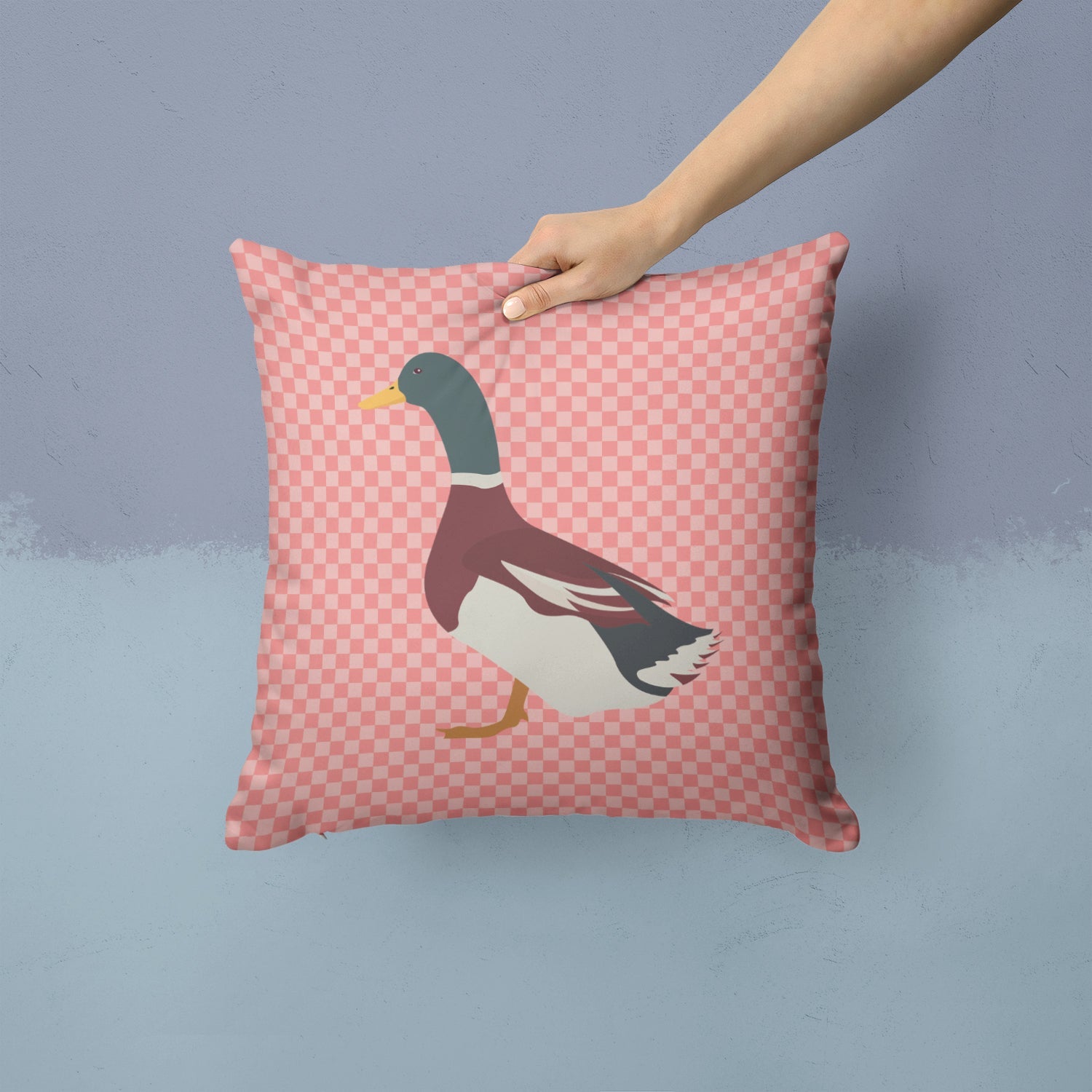 Rouen Duck Pink Check Decorative Throw Pillow 14x14 Indoor Outdoor Accent Cushion, Fabric Cover with Insert for Sofa, Bed, Porch & Living Room