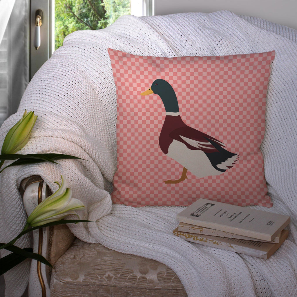 Rouen Duck Pink Check Decorative Throw Pillow 14x14 Indoor Outdoor Accent Cushion, Fabric Cover with Insert for Sofa, Bed, Porch & Living Room