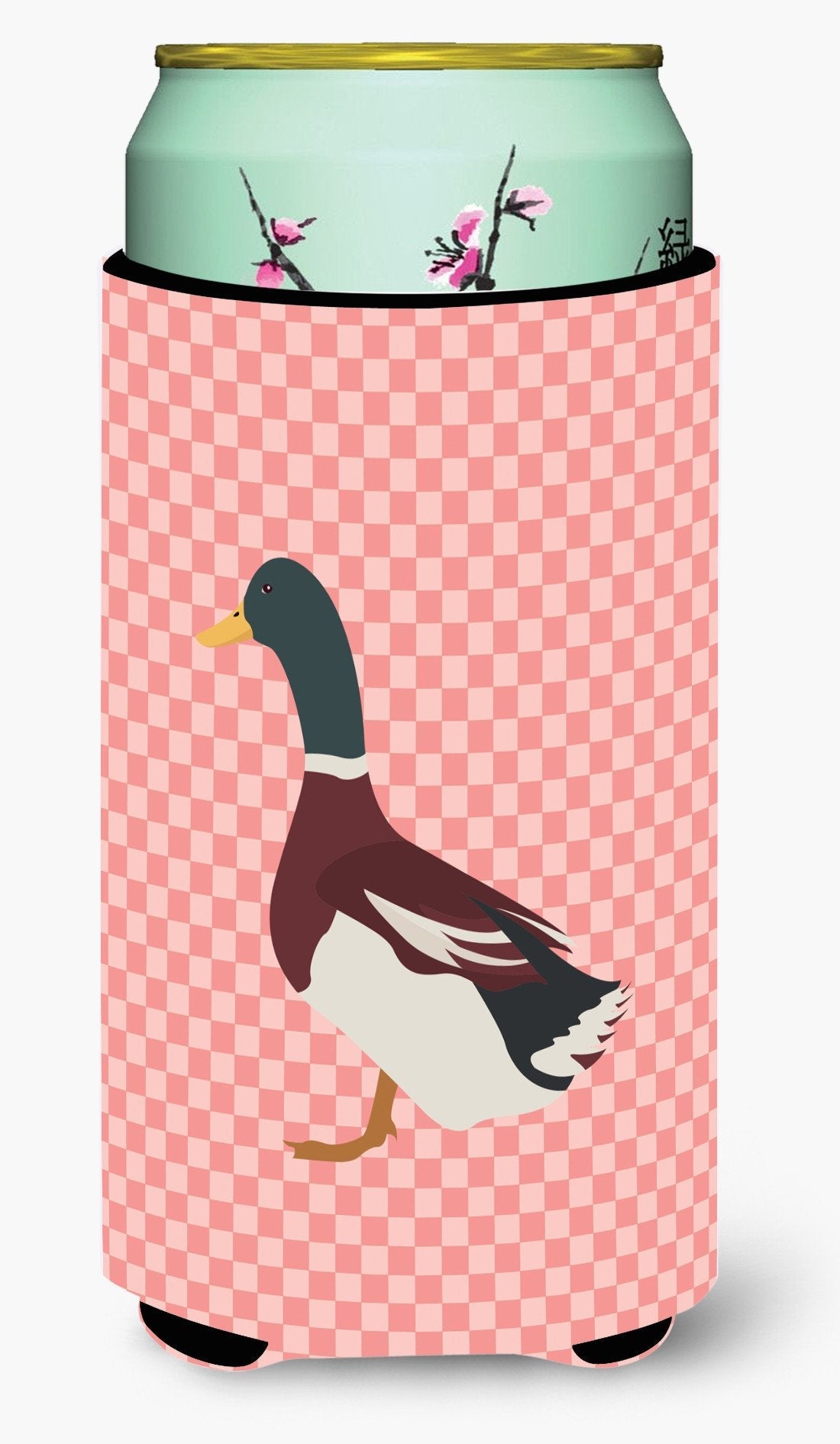 Rouen Duck Pink Check Tall Boy Hugger Can Cooler Sleeve Machine Washable Drink Collapsible Insulator Beverage Insulated Holder