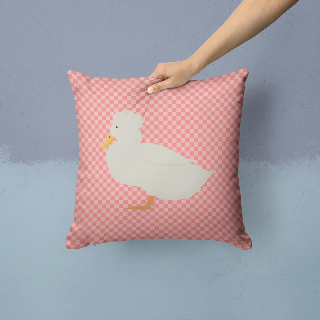 Crested Duck Pink Check Decorative Throw Pillow 14x14 Indoor Outdoor Accent Cushion, Fabric Cover with Insert for Sofa, Bed, Porch & Living Room