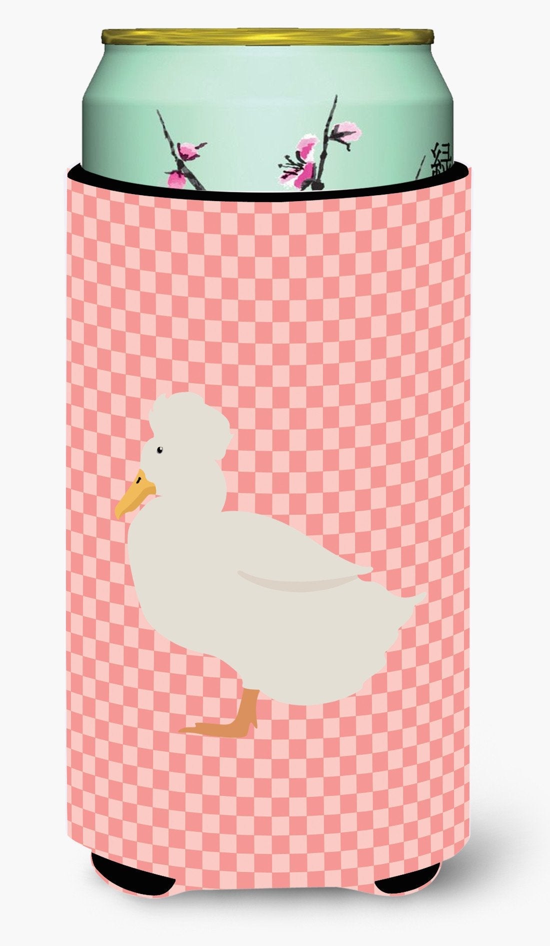 Crested Duck Pink Check Tall Boy Hugger Can Cooler Sleeve Machine Washable Drink Collapsible Insulator Beverage Insulated Holder