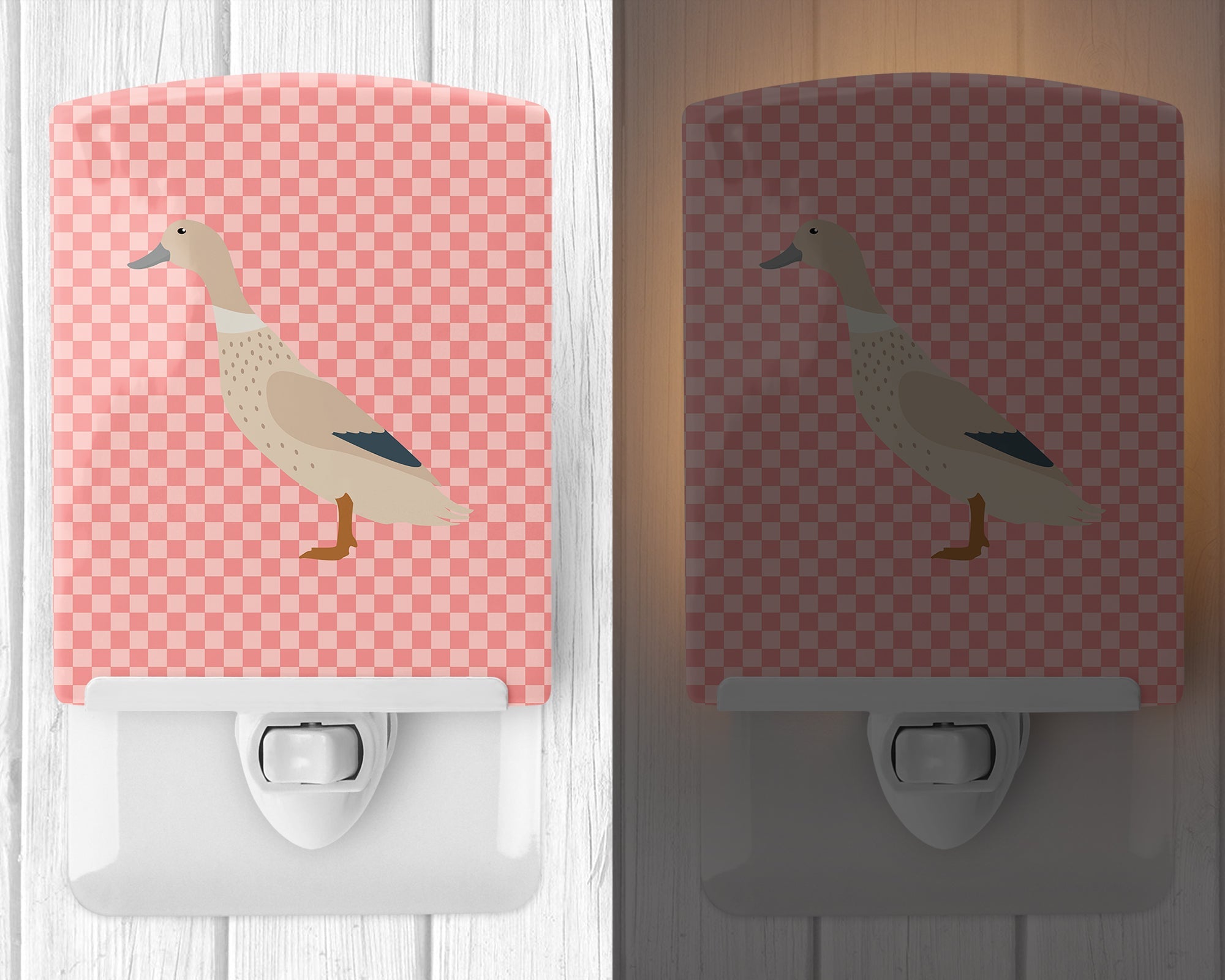West Harlequin Duck Pink Check Ceramic Night Light Compact, UL-Certified, Ideal for Bedroom, Bathroom, Nursery, Hallway, Kitchen, 6x4x3, Multicolor