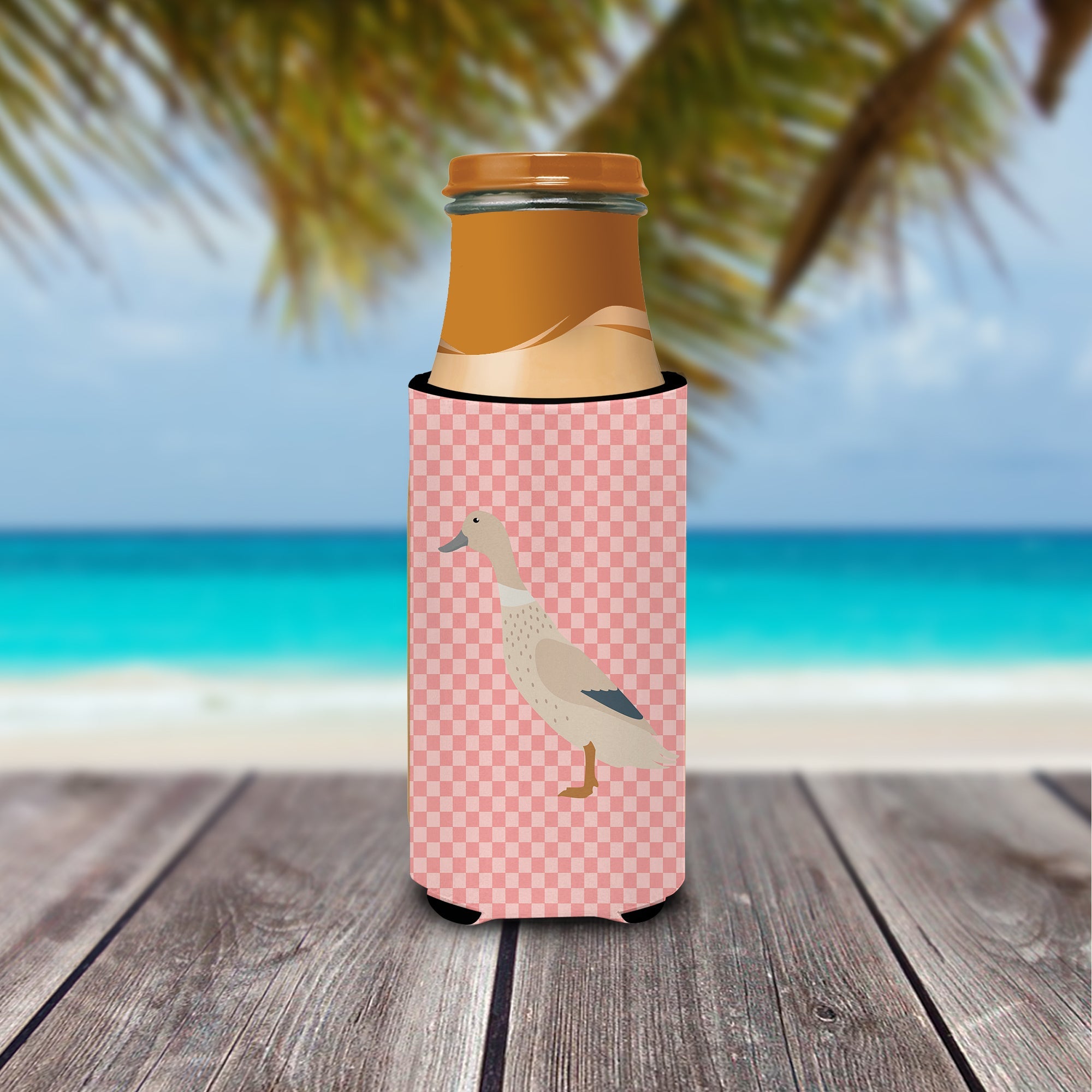 West Harlequin Duck Pink Check Slim Can Hugger , Insulated Foam Hugger for 12 oz Slim Cans, Beer Bottles & Water Bottles, Printed in USA