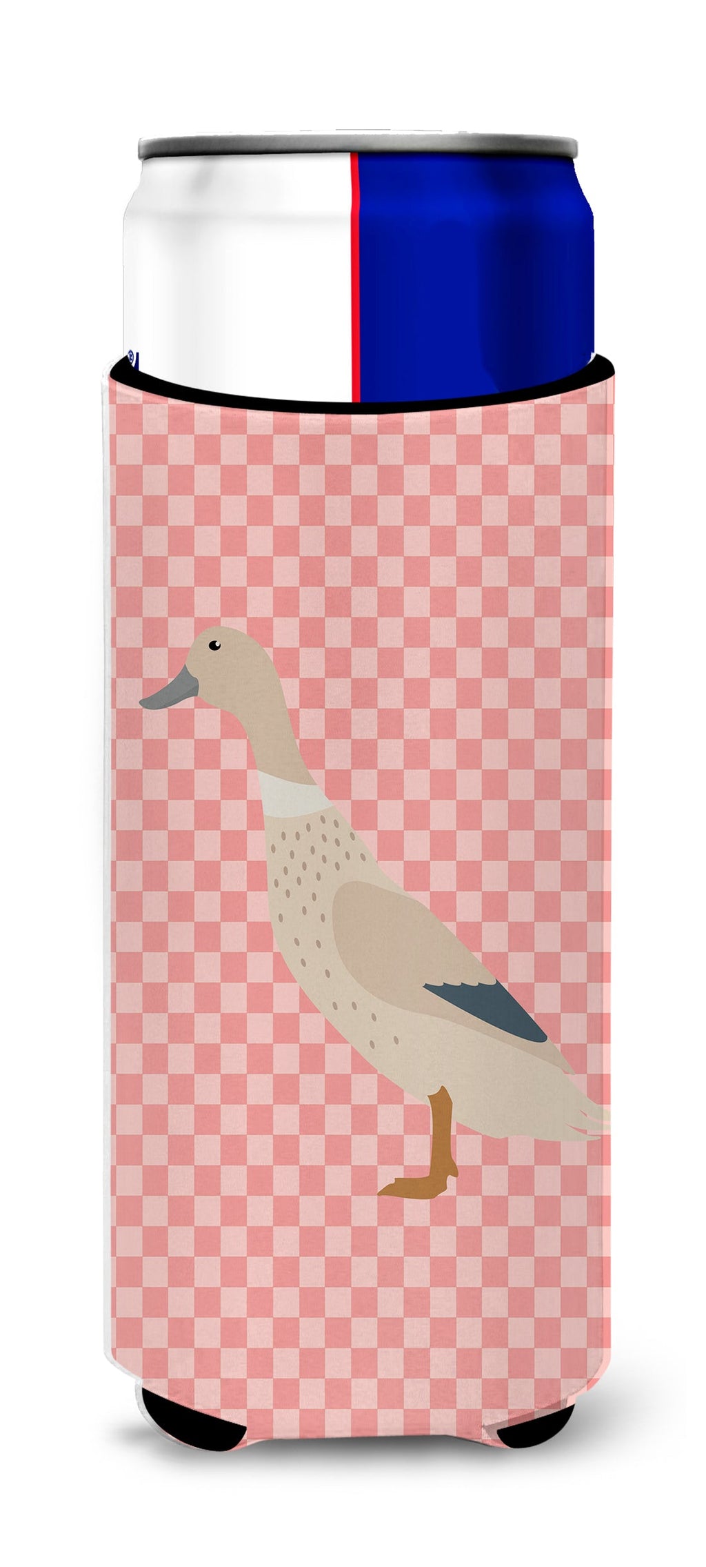 West Harlequin Duck Pink Check Slim Can Hugger , Insulated Foam Hugger for 12 oz Slim Cans, Beer Bottles & Water Bottles, Printed in USA