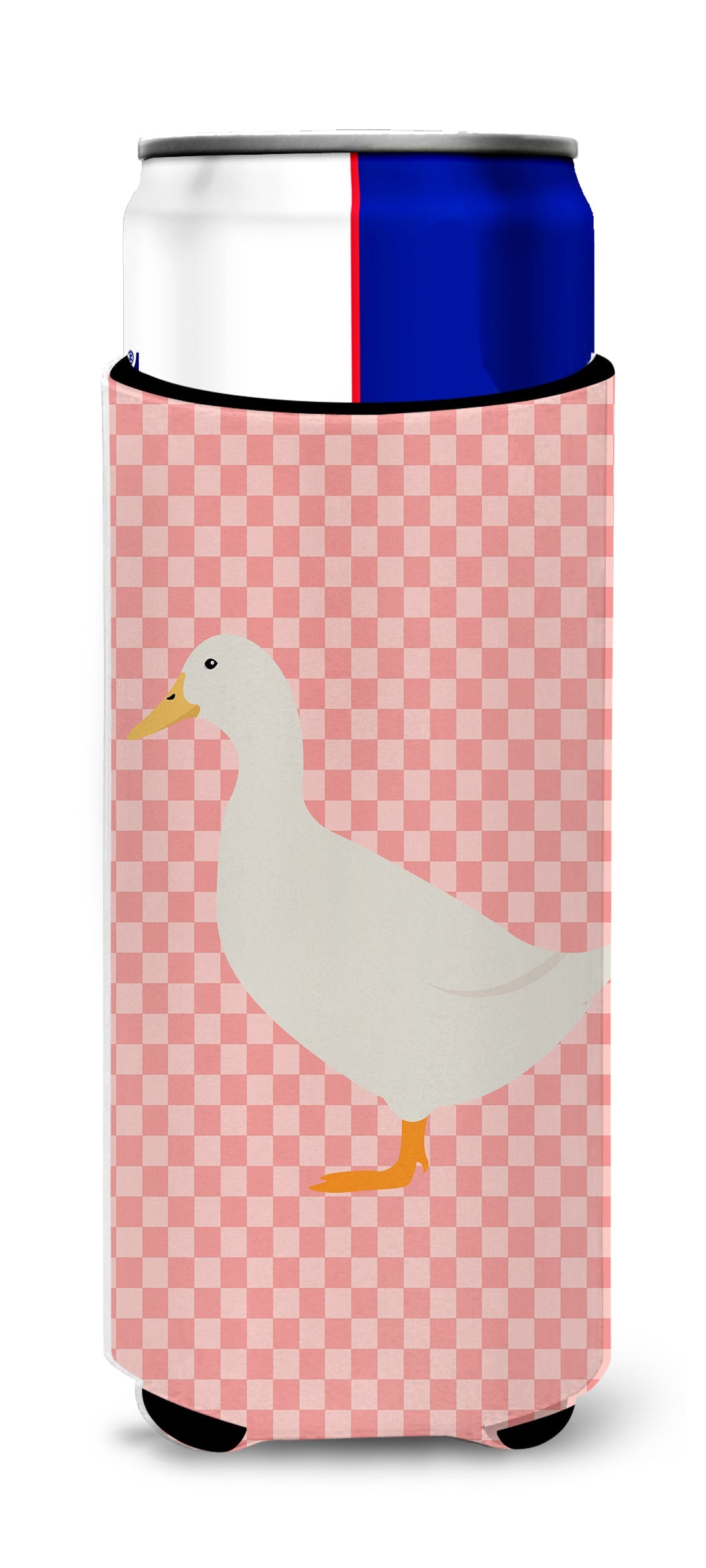 American Pekin Duck Pink Check Slim Can Hugger , Insulated Foam Hugger for 12 oz Slim Cans, Beer Bottles & Water Bottles, Printed in USA