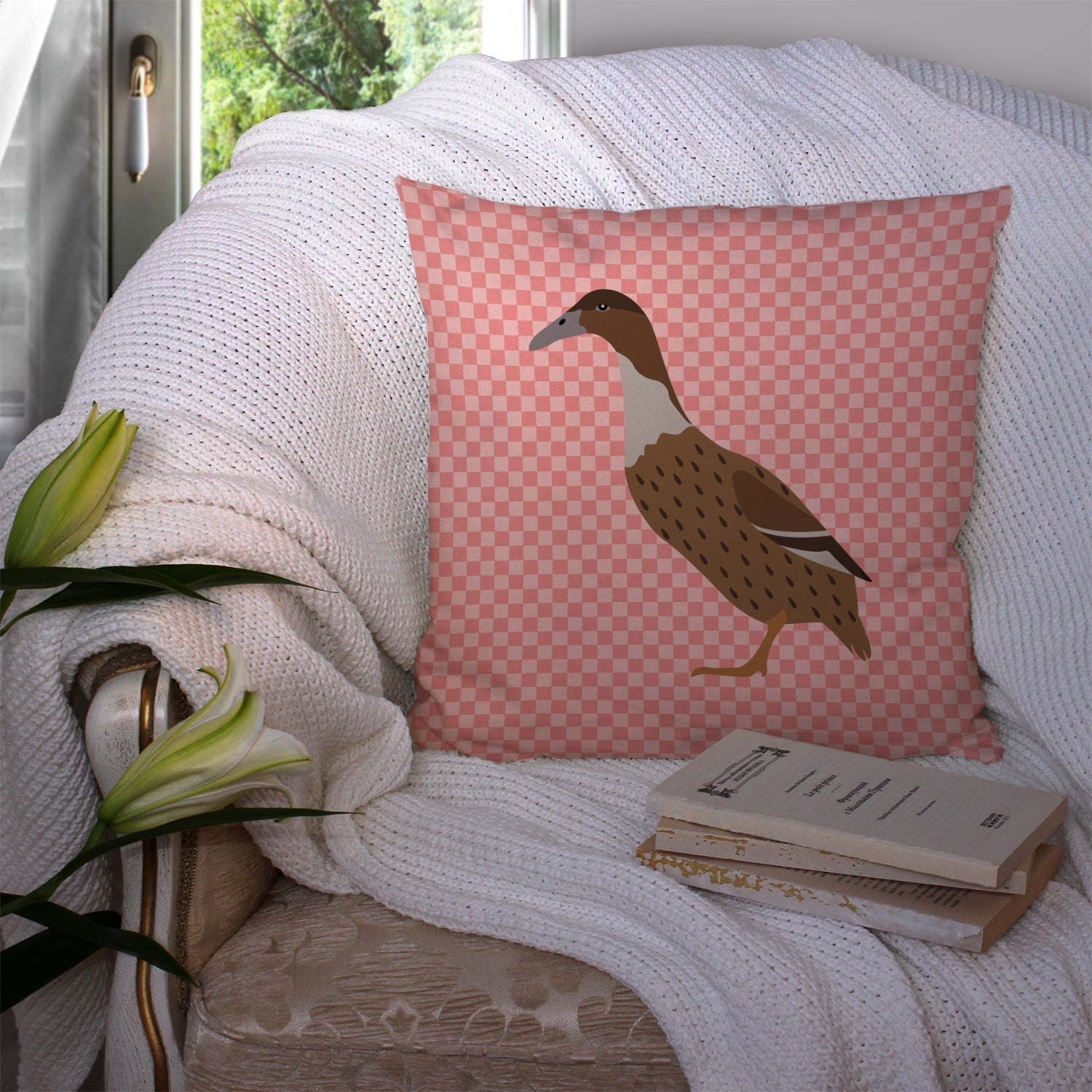 Dutch Hook Bill Duck Pink Check Decorative Throw Pillow 14x14 Indoor Outdoor Accent Cushion, Fabric Cover with Insert for Sofa, Bed, Porch & Living Room