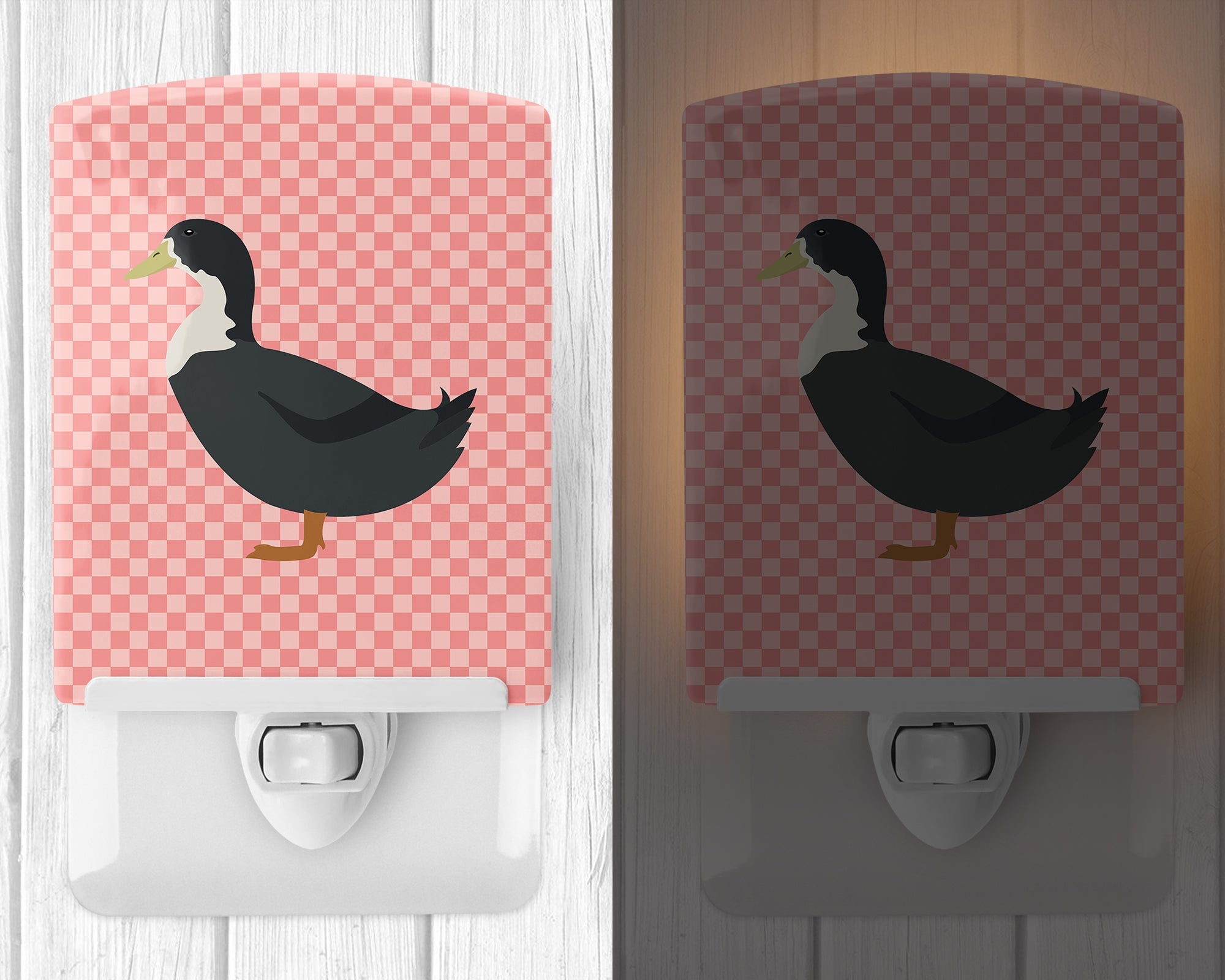Blue Swedish Duck Pink Check Ceramic Night Light Compact, UL-Certified, Ideal for Bedroom, Bathroom, Nursery, Hallway, Kitchen, 6x4x3, Multicolor