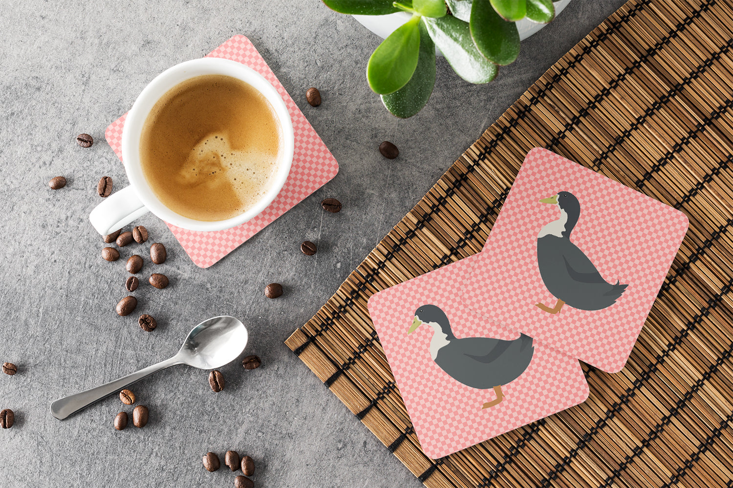 Blue Swedish Duck Pink Check Foam Coasters Set of 4 Cup Coasters for Indoor Outdoor, Tabletop Protection, Anti Slip, Mouse pad Material