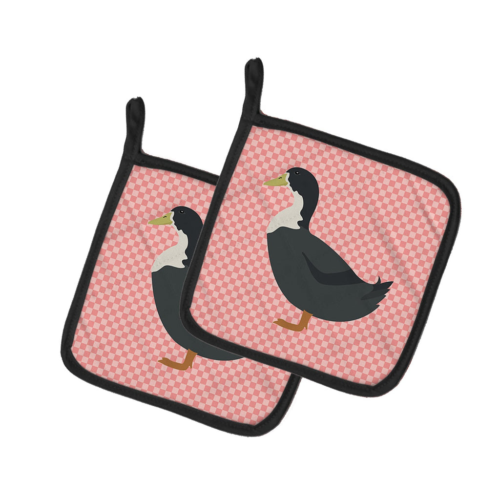 Blue Swedish Duck Pink Check Pot Holder Set of 2 Heat Resistant Quilted Hot Pads 7.5 x 7.5 Inch, Insulated Kitchen Trivets for Cooking & Baking