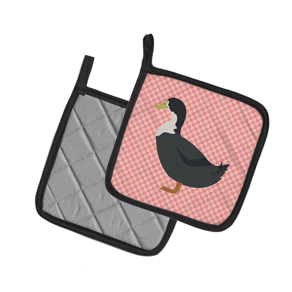 Blue Swedish Duck Pink Check Pot Holder Set of 2 Heat Resistant Quilted Hot Pads 7.5 x 7.5 Inch, Insulated Kitchen Trivets for Cooking & Baking