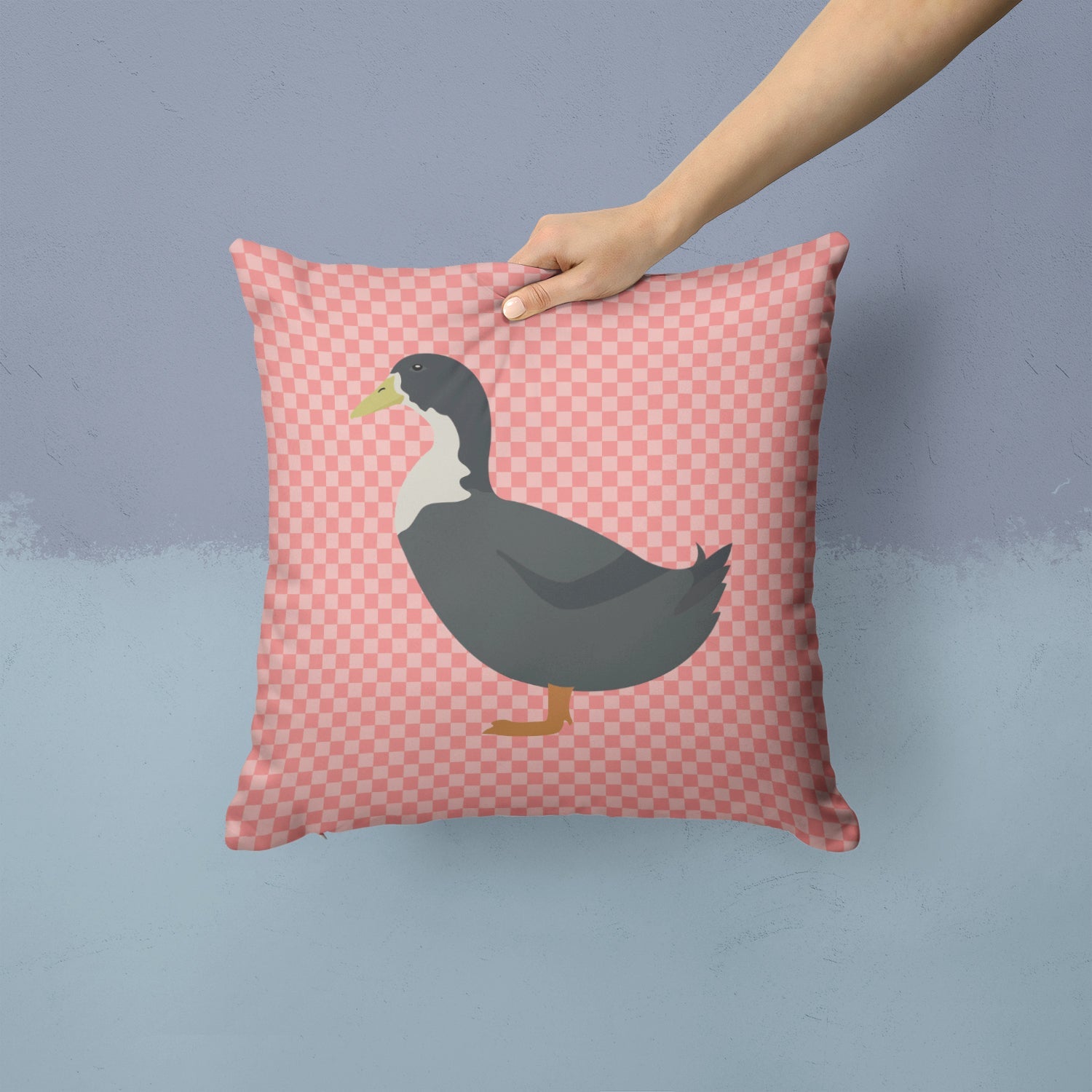 Blue Swedish Duck Pink Check Decorative Throw Pillow 14x14 Indoor Outdoor Accent Cushion, Fabric Cover with Insert for Sofa, Bed, Porch & Living Room