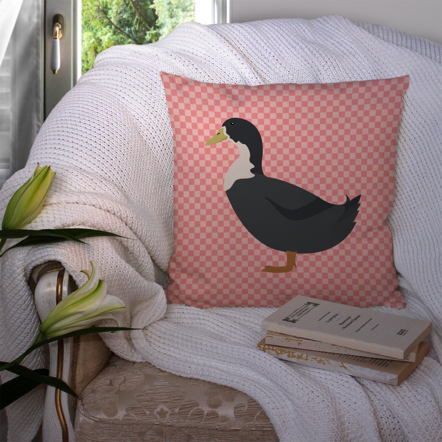 Blue Swedish Duck Pink Check Decorative Throw Pillow 14x14 Indoor Outdoor Accent Cushion, Fabric Cover with Insert for Sofa, Bed, Porch & Living Room