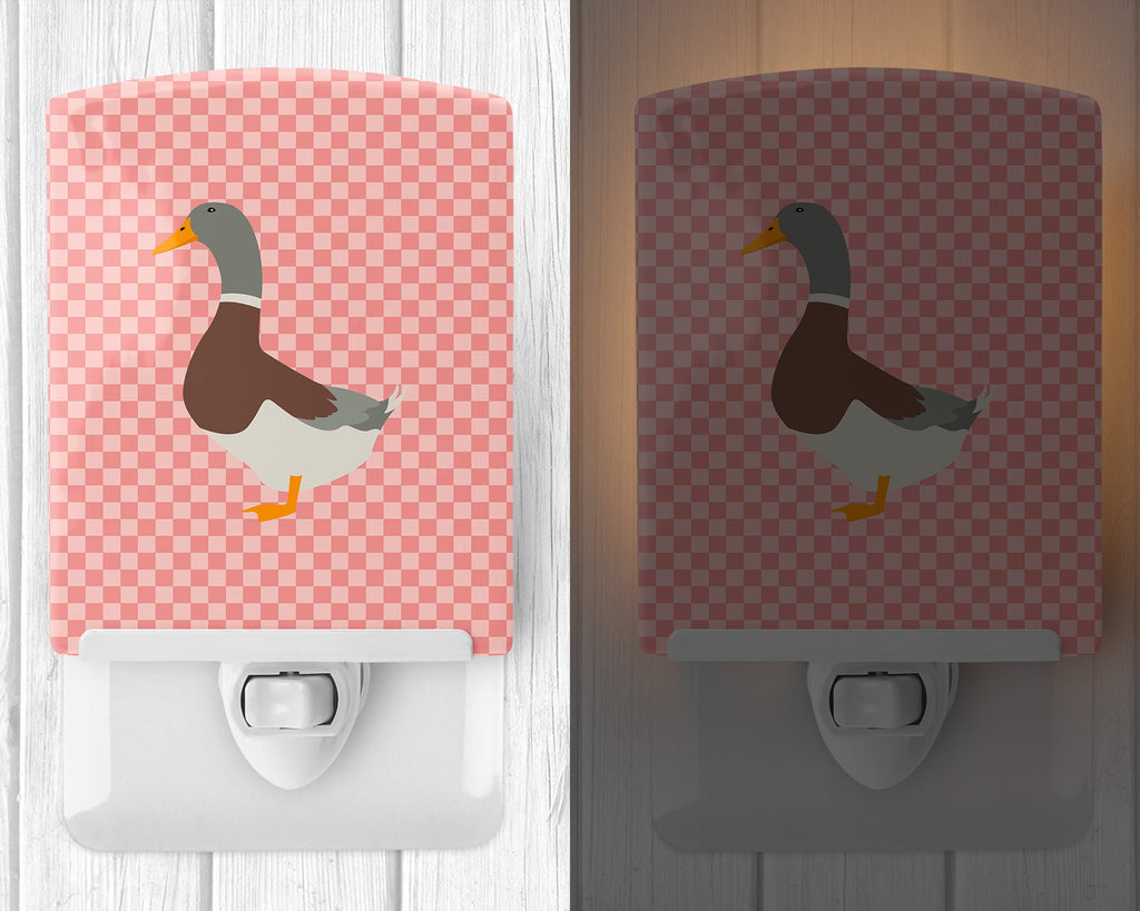 Saxony Sachsenente Duck Pink Check Ceramic Night Light Compact, UL-Certified, Ideal for Bedroom, Bathroom, Nursery, Hallway, Kitchen, 6x4x3, Multicolor