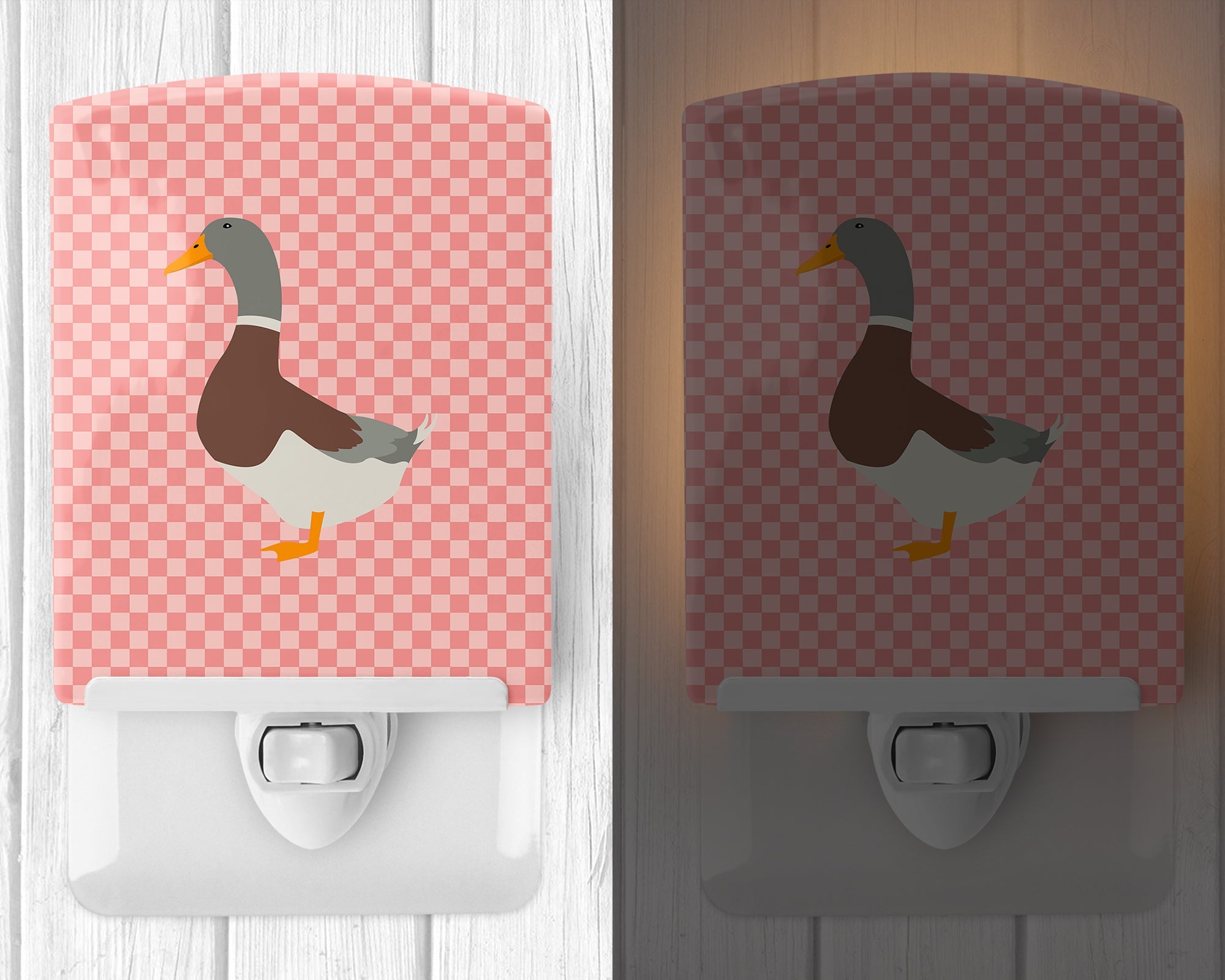 Saxony Sachsenente Duck Pink Check Ceramic Night Light Compact, UL-Certified, Ideal for Bedroom, Bathroom, Nursery, Hallway, Kitchen, 6x4x3, Multicolor