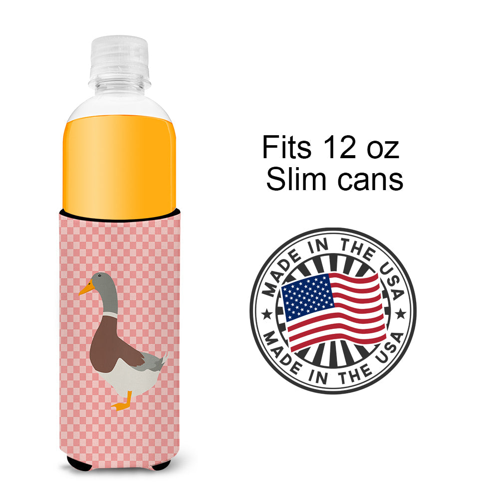Saxony Sachsenente Duck Pink Check Slim Can Hugger , Insulated Foam Hugger for 12 oz Slim Cans, Beer Bottles & Water Bottles, Printed in USA
