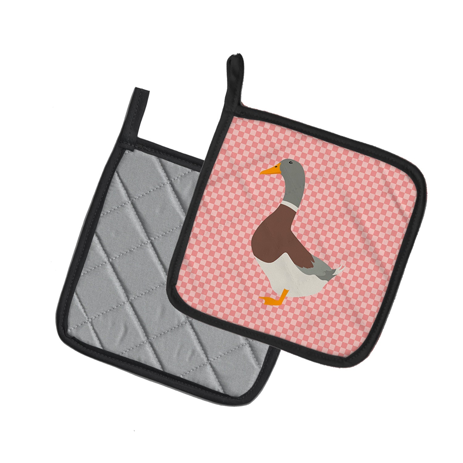 Saxony Sachsenente Duck Pink Check Pot Holder Set of 2 Heat Resistant Quilted Hot Pads 7.5 x 7.5 Inch, Insulated Kitchen Trivets for Cooking & Baking