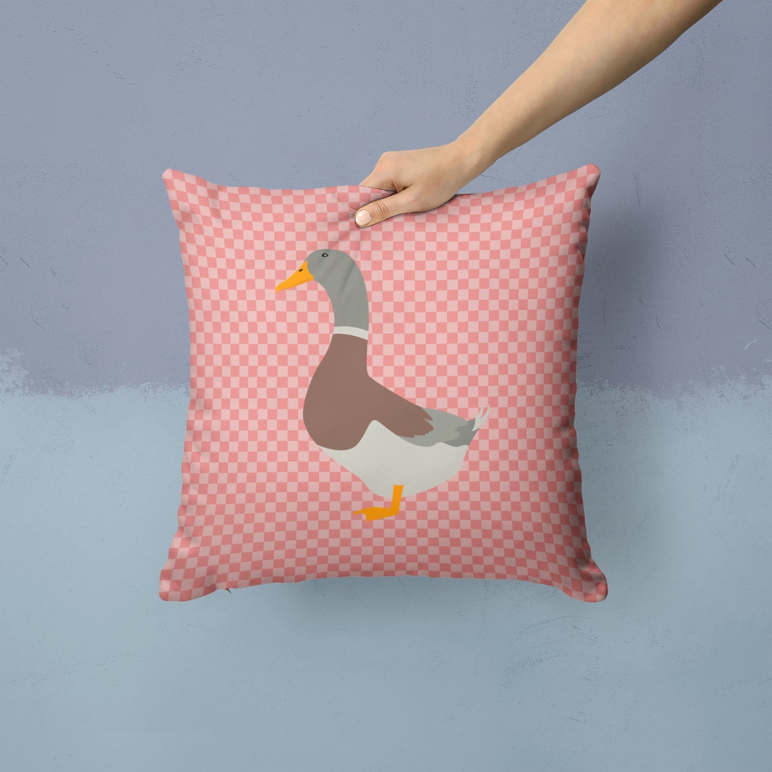 Saxony Sachsenente Duck Pink Check Decorative Throw Pillow 14x14 Indoor Outdoor Accent Cushion, Fabric Cover with Insert for Sofa, Bed, Porch & Living Room