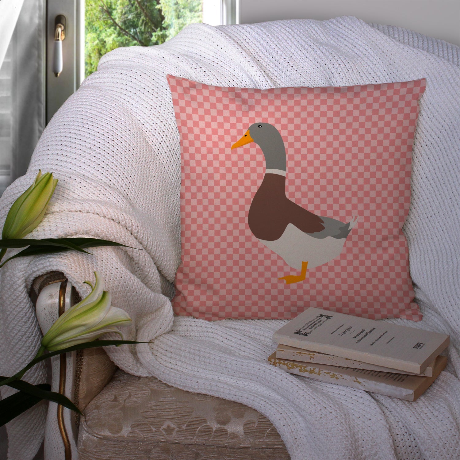 Saxony Sachsenente Duck Pink Check Decorative Throw Pillow 14x14 Indoor Outdoor Accent Cushion, Fabric Cover with Insert for Sofa, Bed, Porch & Living Room