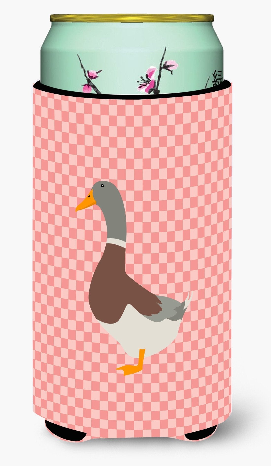 Saxony Sachsenente Duck Pink Check Tall Boy Hugger Can Cooler Sleeve Machine Washable Drink Collapsible Insulator Beverage Insulated Holder