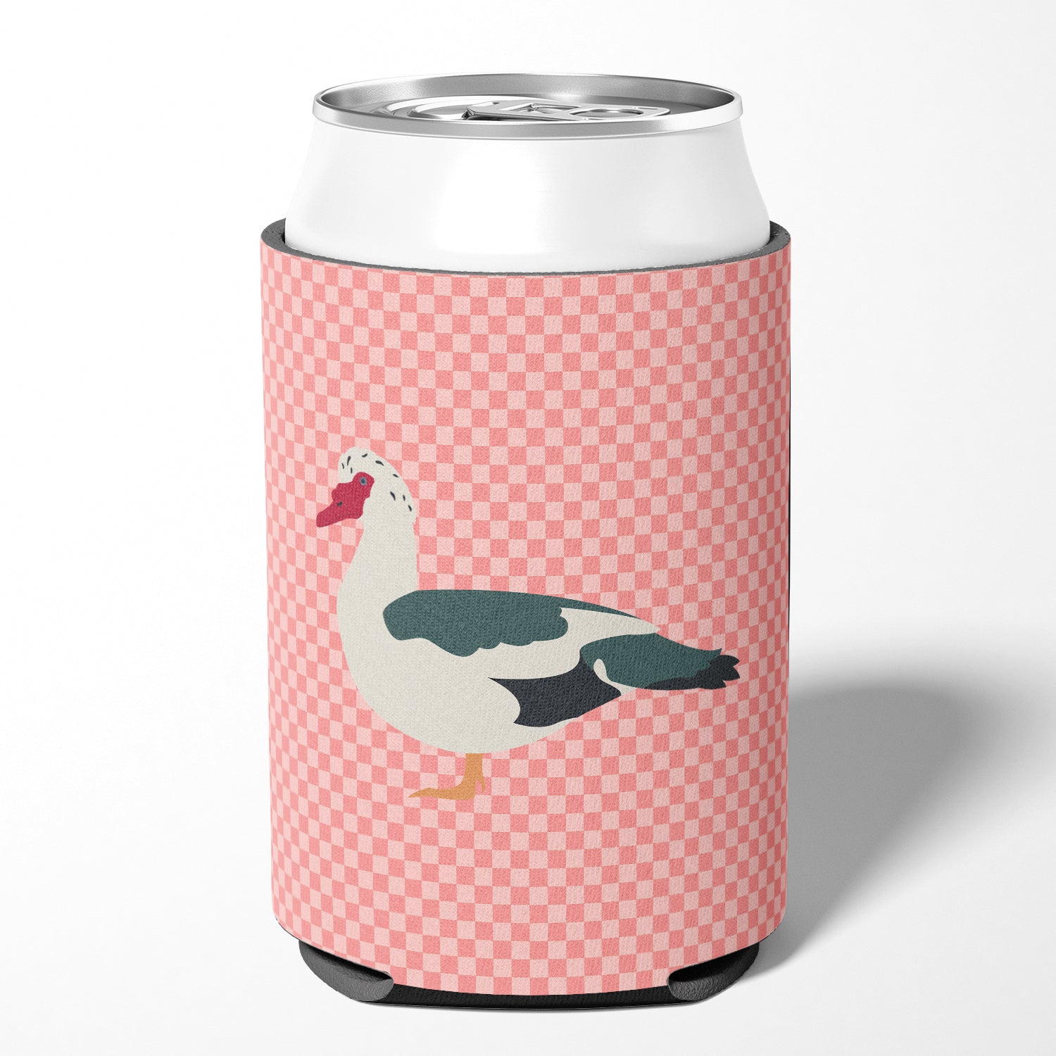 Muscovy Duck Pink Check Can or Bottle Hugger Cooler Sleeve for Standard 12 oz Cans, Insulated Foam Beer & Soda Can Hugger Reusable