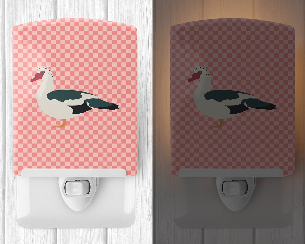 Muscovy Duck Pink Check Ceramic Night Light Compact, UL-Certified, Ideal for Bedroom, Bathroom, Nursery, Hallway, Kitchen, 6x4x3, Multicolor