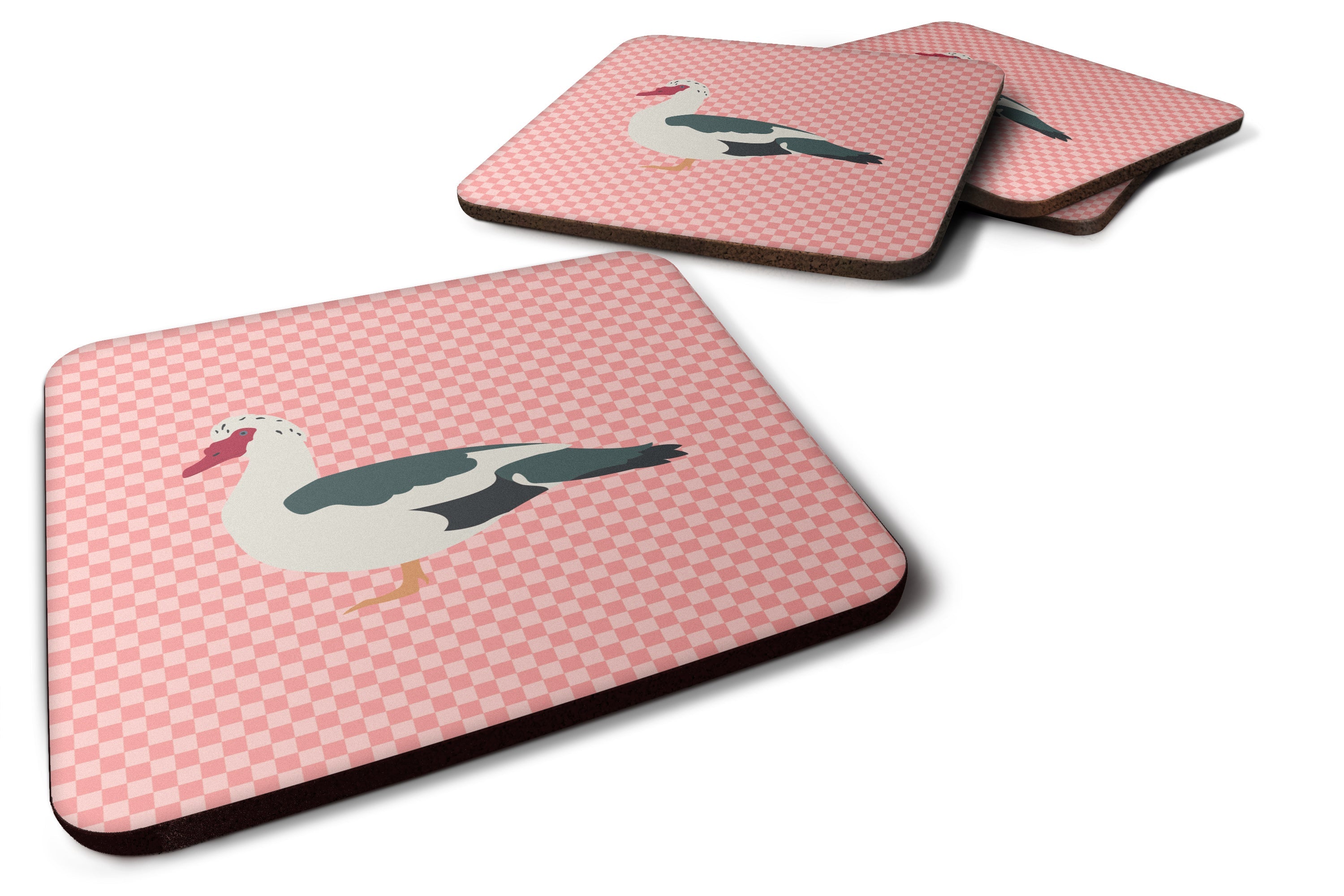 Muscovy Duck Pink Check Foam Coasters Set of 4 Cup Coasters for Indoor Outdoor, Tabletop Protection, Anti Slip, Mouse pad Material