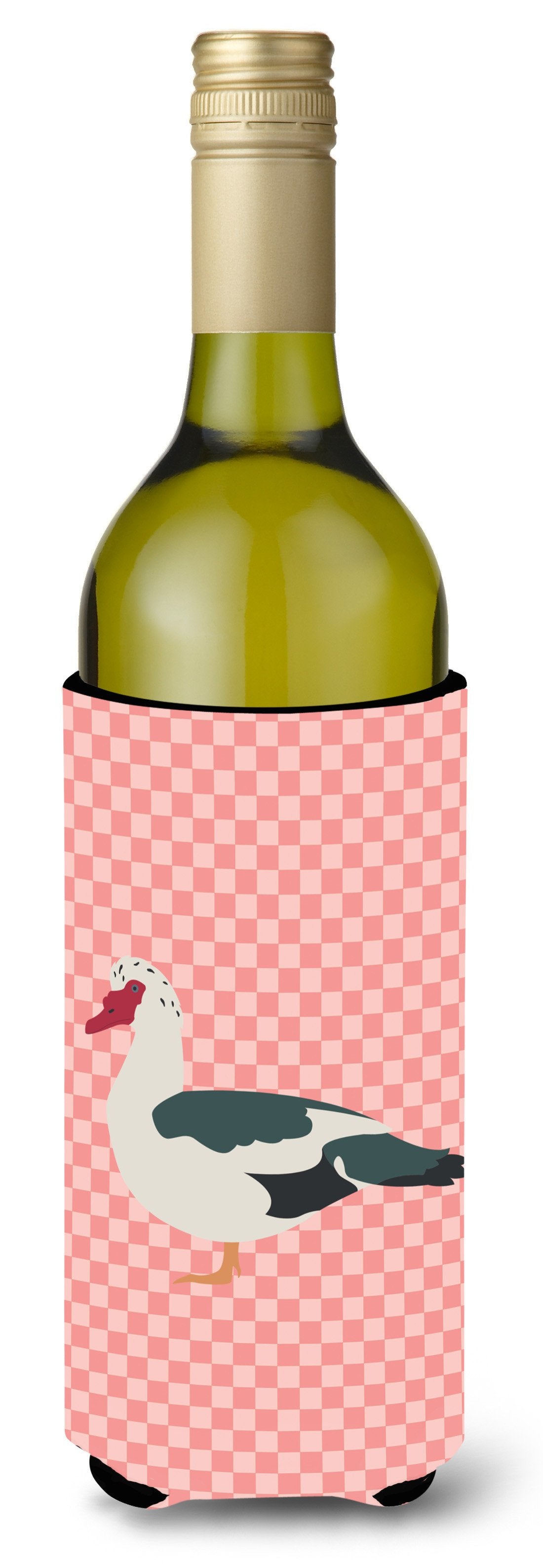 Muscovy Duck Pink Check Wine Bottle Hugger Gift Sleeve for Standard 750 ml Bottles, Insulated Reusable Also Fits Mini Shot & Pint Bottles