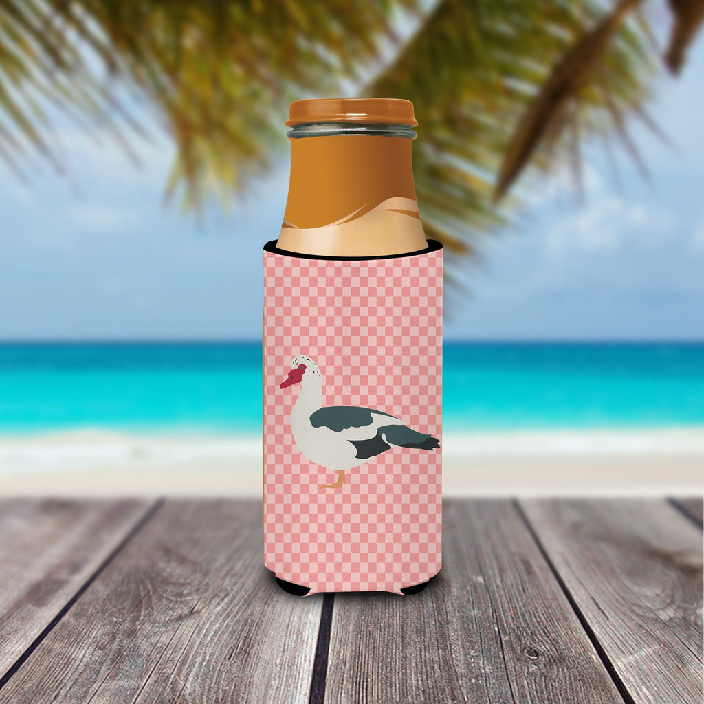 Muscovy Duck Pink Check Slim Can Hugger , Insulated Foam Hugger for 12 oz Slim Cans, Beer Bottles & Water Bottles, Printed in USA