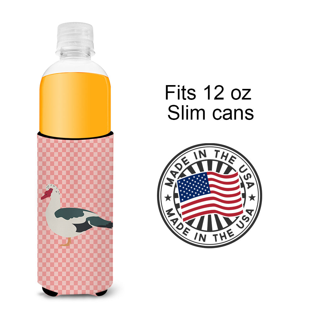 Muscovy Duck Pink Check Slim Can Hugger , Insulated Foam Hugger for 12 oz Slim Cans, Beer Bottles & Water Bottles, Printed in USA
