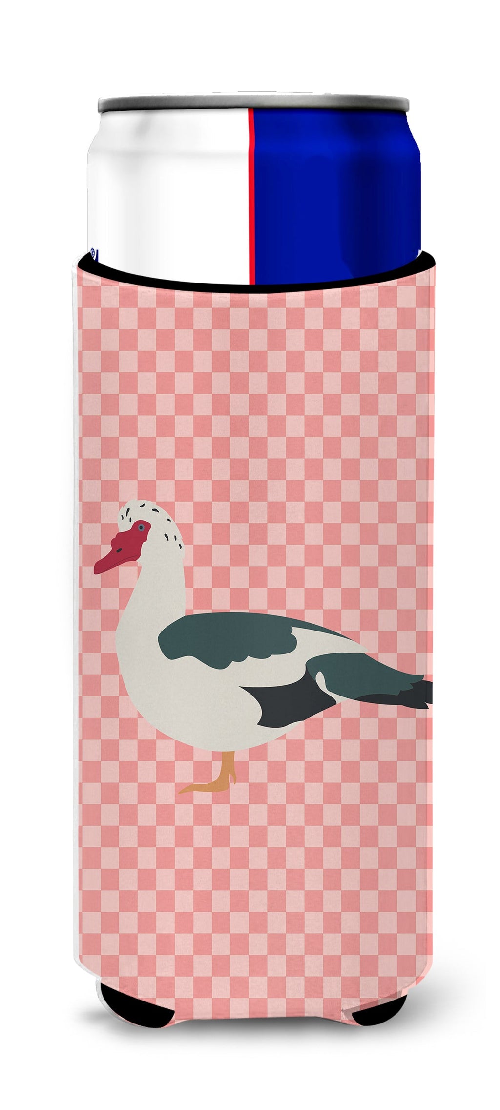 Muscovy Duck Pink Check Slim Can Hugger , Insulated Foam Hugger for 12 oz Slim Cans, Beer Bottles & Water Bottles, Printed in USA