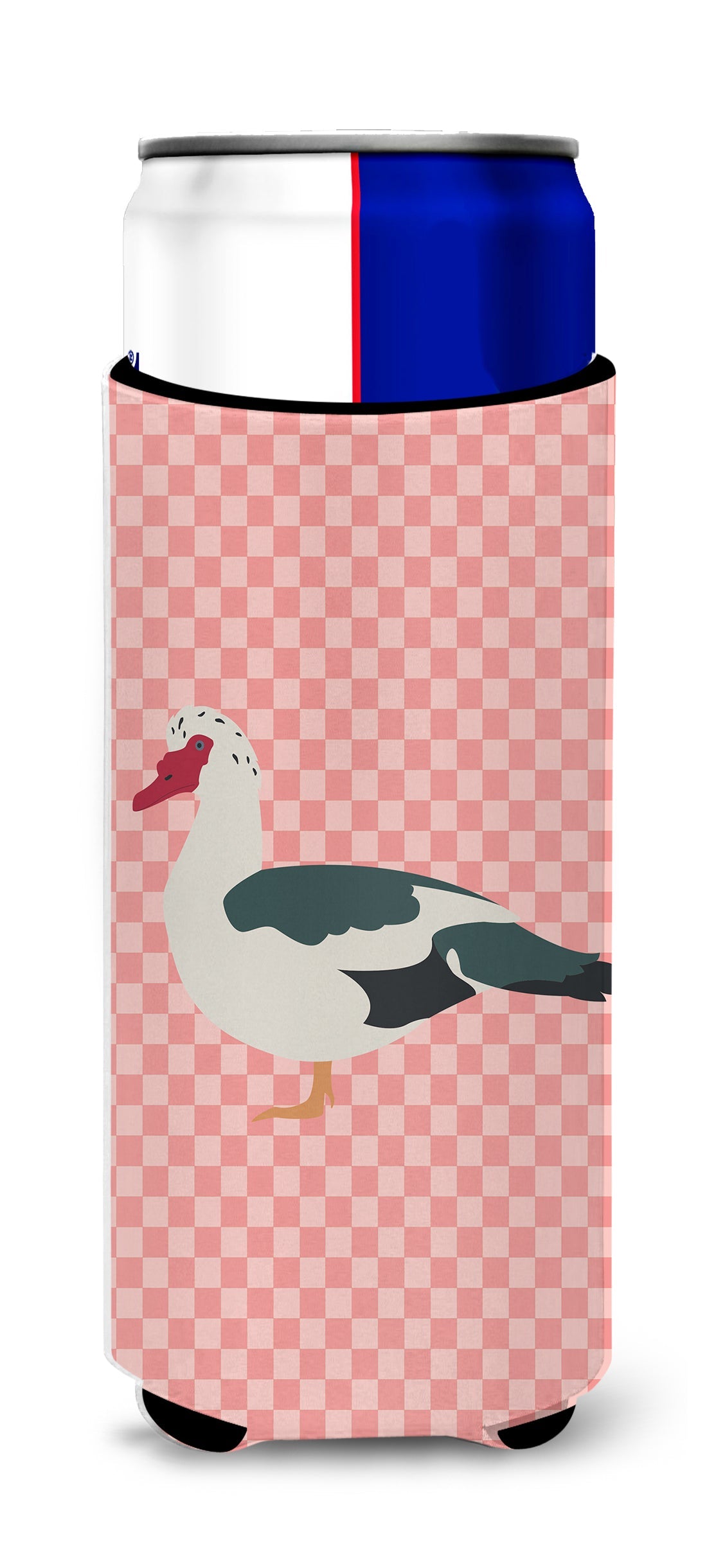 Muscovy Duck Pink Check Slim Can Hugger , Insulated Foam Hugger for 12 oz Slim Cans, Beer Bottles & Water Bottles, Printed in USA
