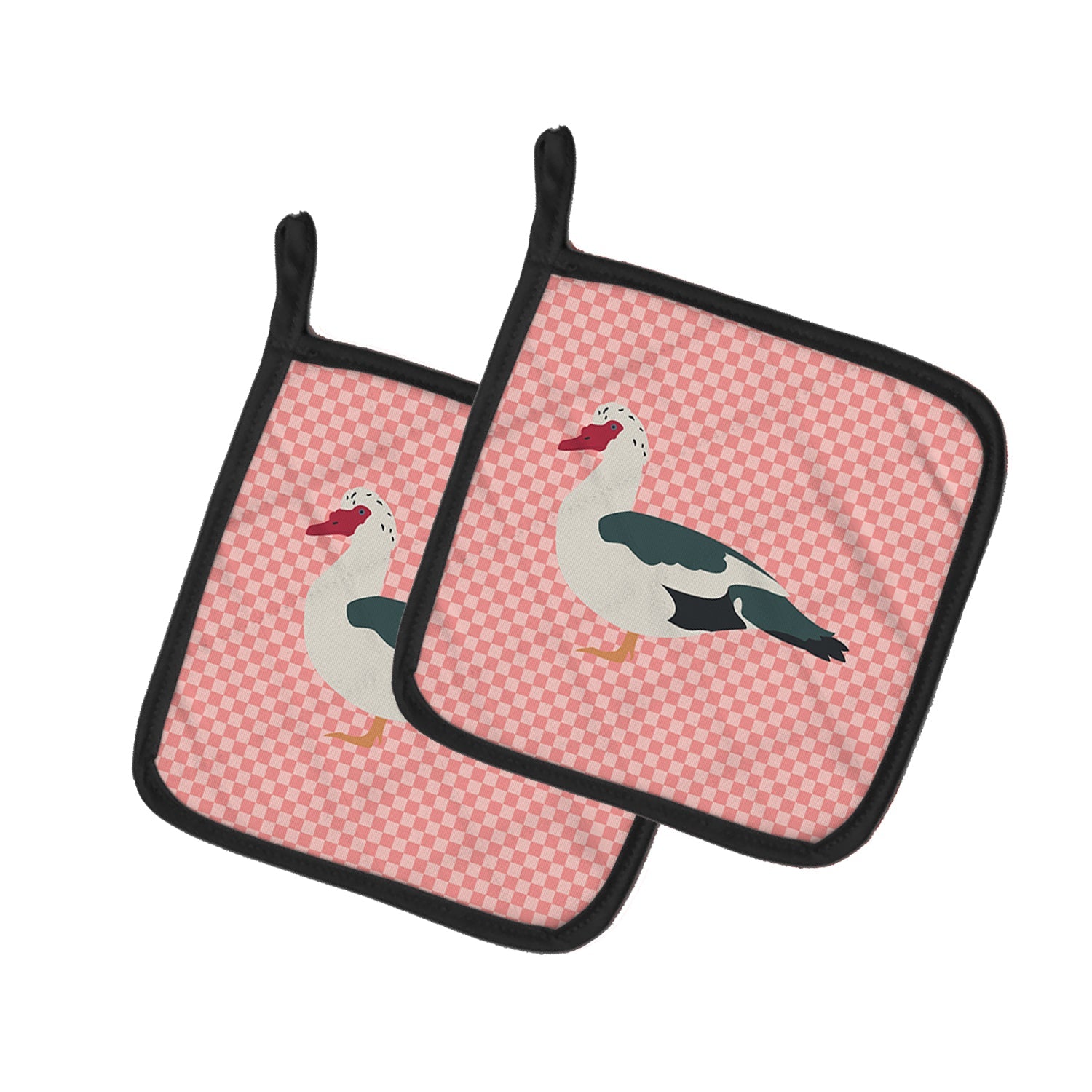 Muscovy Duck Pink Check Pot Holder Set of 2 Heat Resistant Quilted Hot Pads 7.5 x 7.5 Inch, Insulated Kitchen Trivets for Cooking & Baking