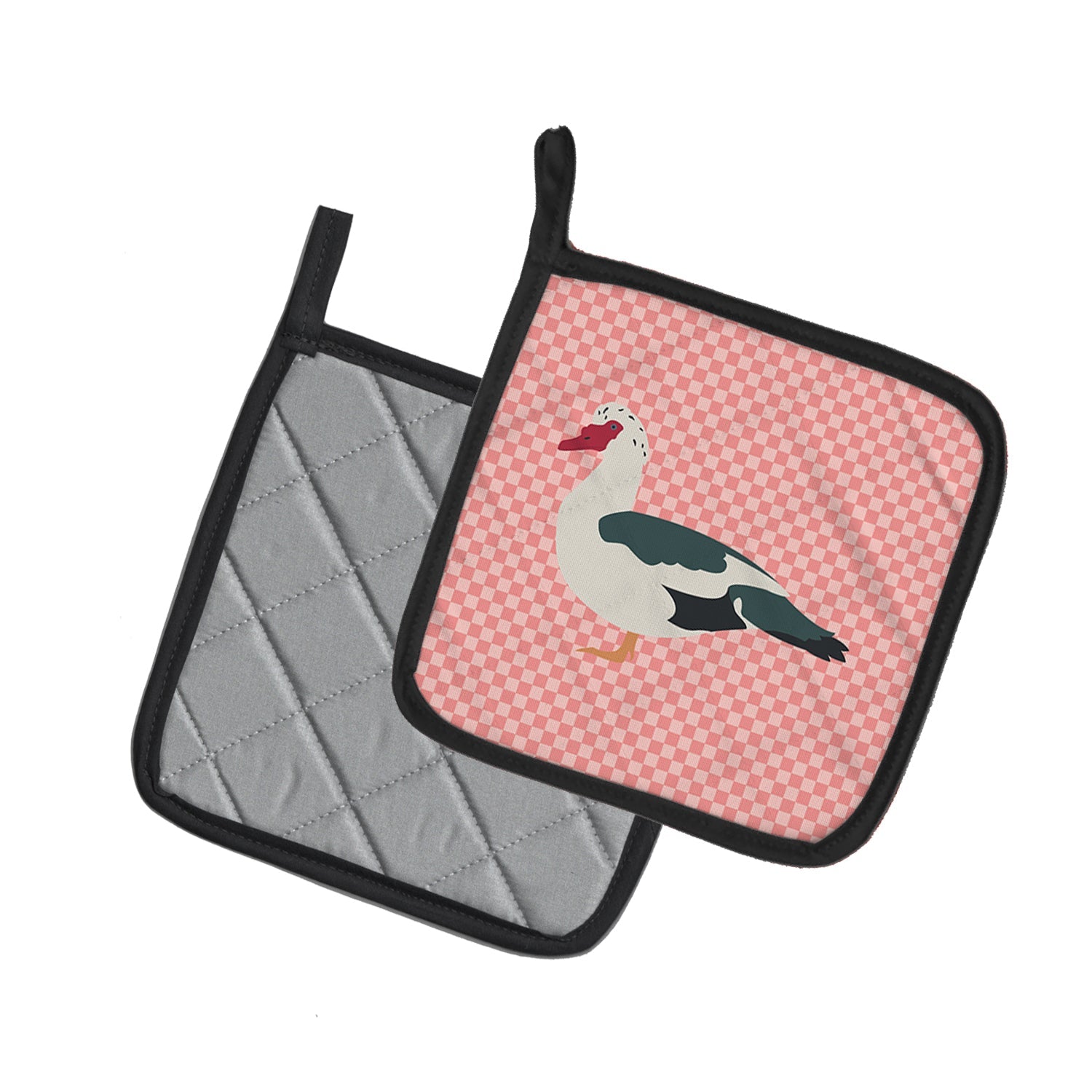 Muscovy Duck Pink Check Pot Holder Set of 2 Heat Resistant Quilted Hot Pads 7.5 x 7.5 Inch, Insulated Kitchen Trivets for Cooking & Baking