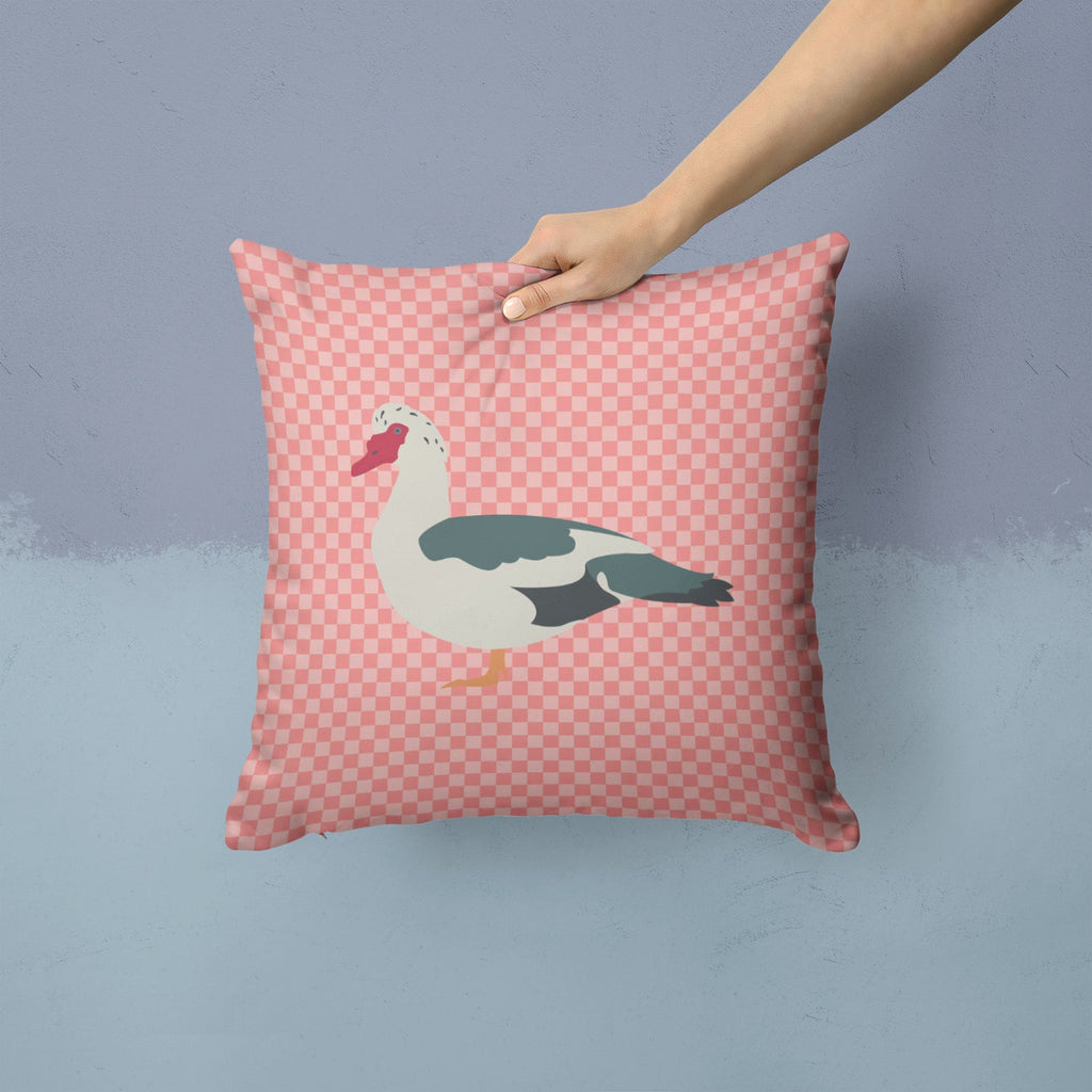 Muscovy Duck Pink Check Decorative Throw Pillow 14x14 Indoor Outdoor Accent Cushion, Fabric Cover with Insert for Sofa, Bed, Porch & Living Room