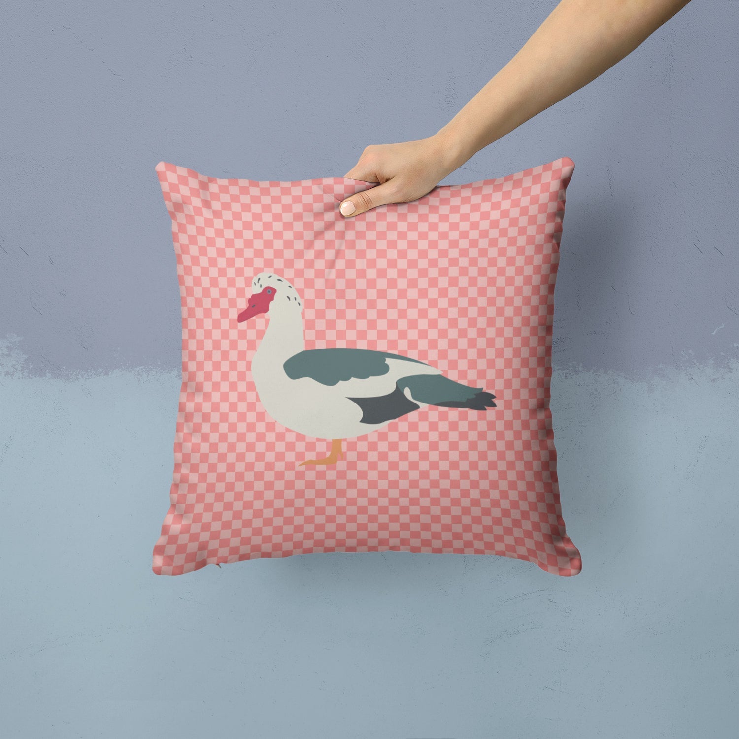 Muscovy Duck Pink Check Decorative Throw Pillow 14x14 Indoor Outdoor Accent Cushion, Fabric Cover with Insert for Sofa, Bed, Porch & Living Room