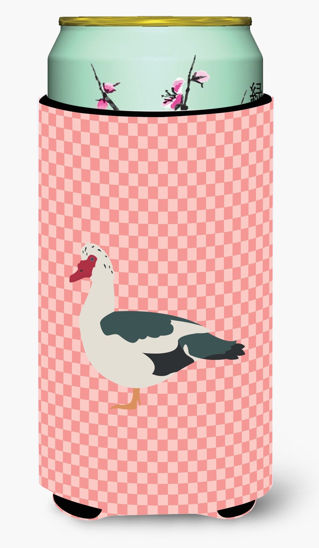 Muscovy Duck Pink Check Tall Boy Hugger Can Cooler Sleeve Machine Washable Drink Collapsible Insulator Beverage Insulated Holder