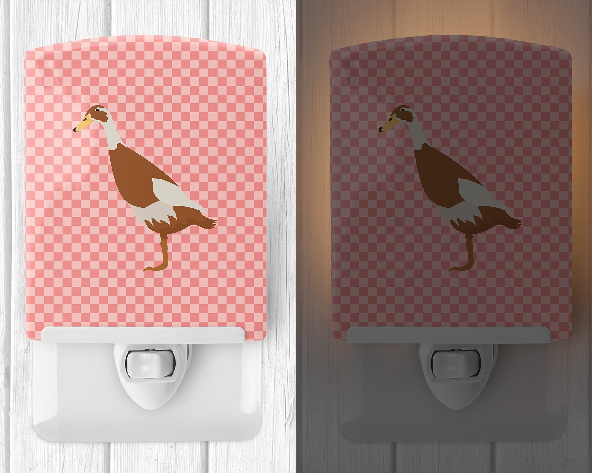 Indian Runner Duck Pink Check Ceramic Night Light Compact, UL-Certified, Ideal for Bedroom, Bathroom, Nursery, Hallway, Kitchen, 6x4x3, Multicolor