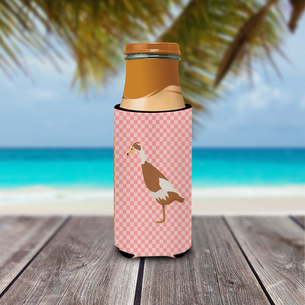 Indian Runner Duck Pink Check Slim Can Hugger , Insulated Foam Hugger for 12 oz Slim Cans, Beer Bottles & Water Bottles, Printed in USA