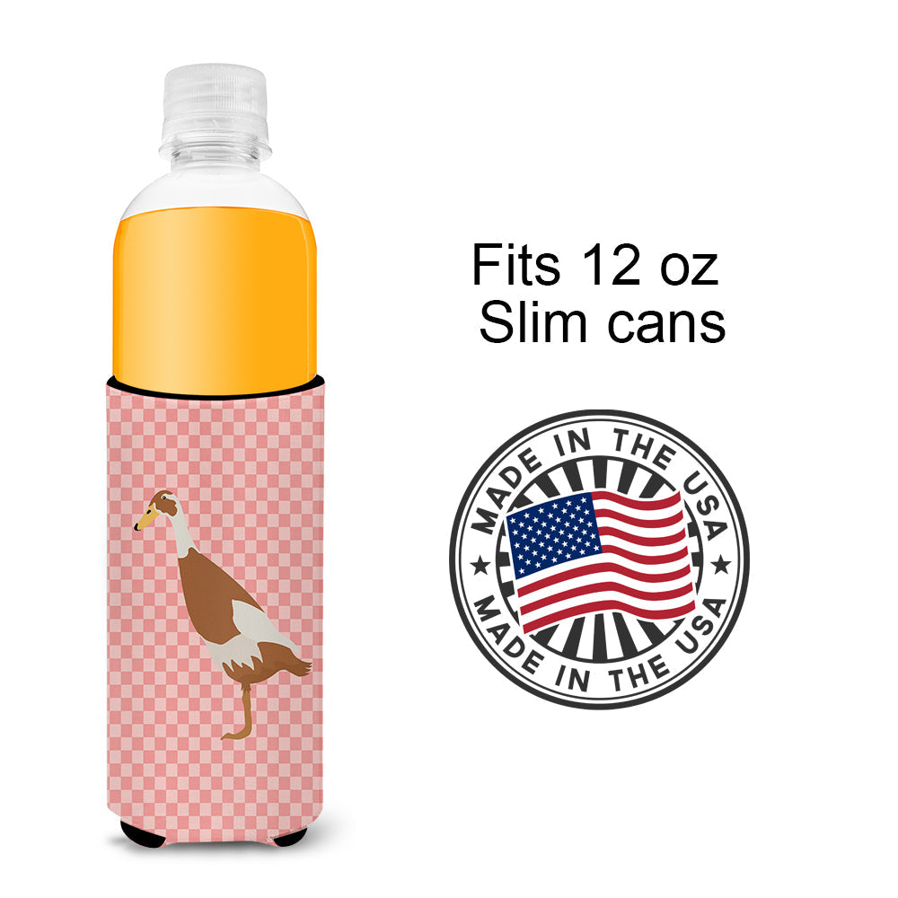 Indian Runner Duck Pink Check Slim Can Hugger , Insulated Foam Hugger for 12 oz Slim Cans, Beer Bottles & Water Bottles, Printed in USA